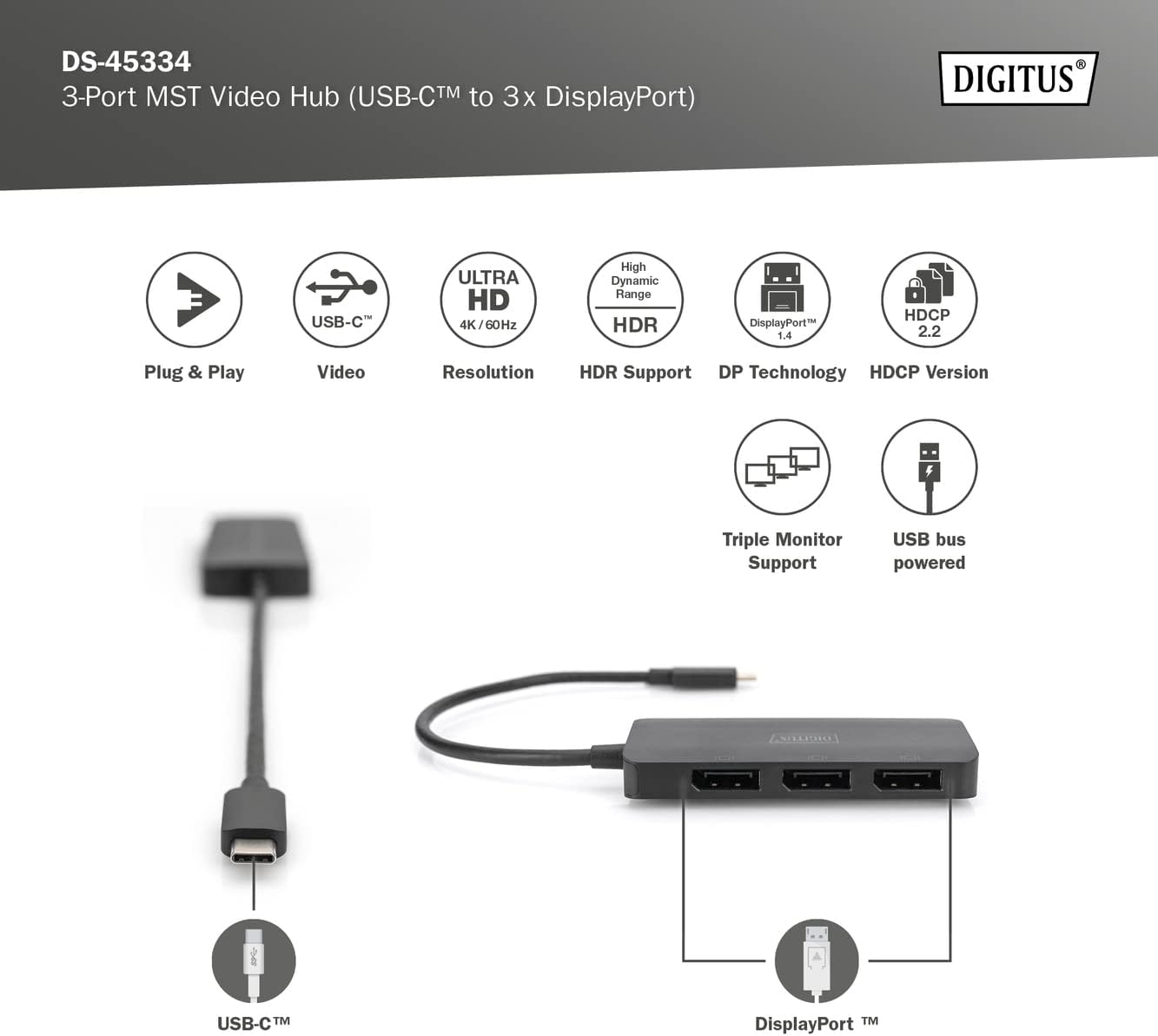 DIGITUS 3-Port USB-C Graphics Adapter - USB-C to 3X Display Port - 4k60Hz - Multi Stream Transport (MST) - Video Hub - Black
