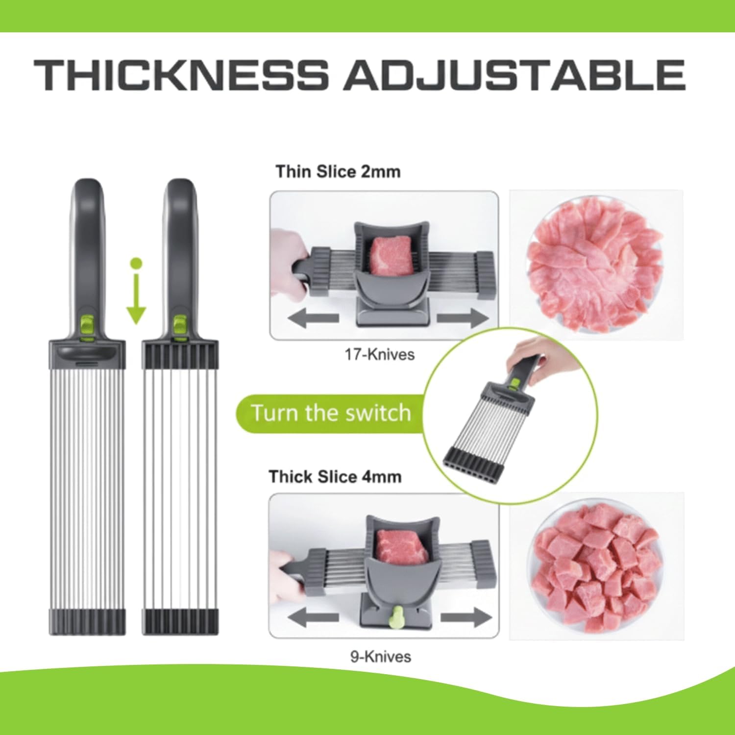 Fresh Meat Slicer Manual with 17 Stainless Steel Blades, Adjustable 2mm 4mm Thickness, Multi-Function Slicing & Dicing Tool for Beef, Pork, Chicken, Jerky, Meal Prep & Home Cooking