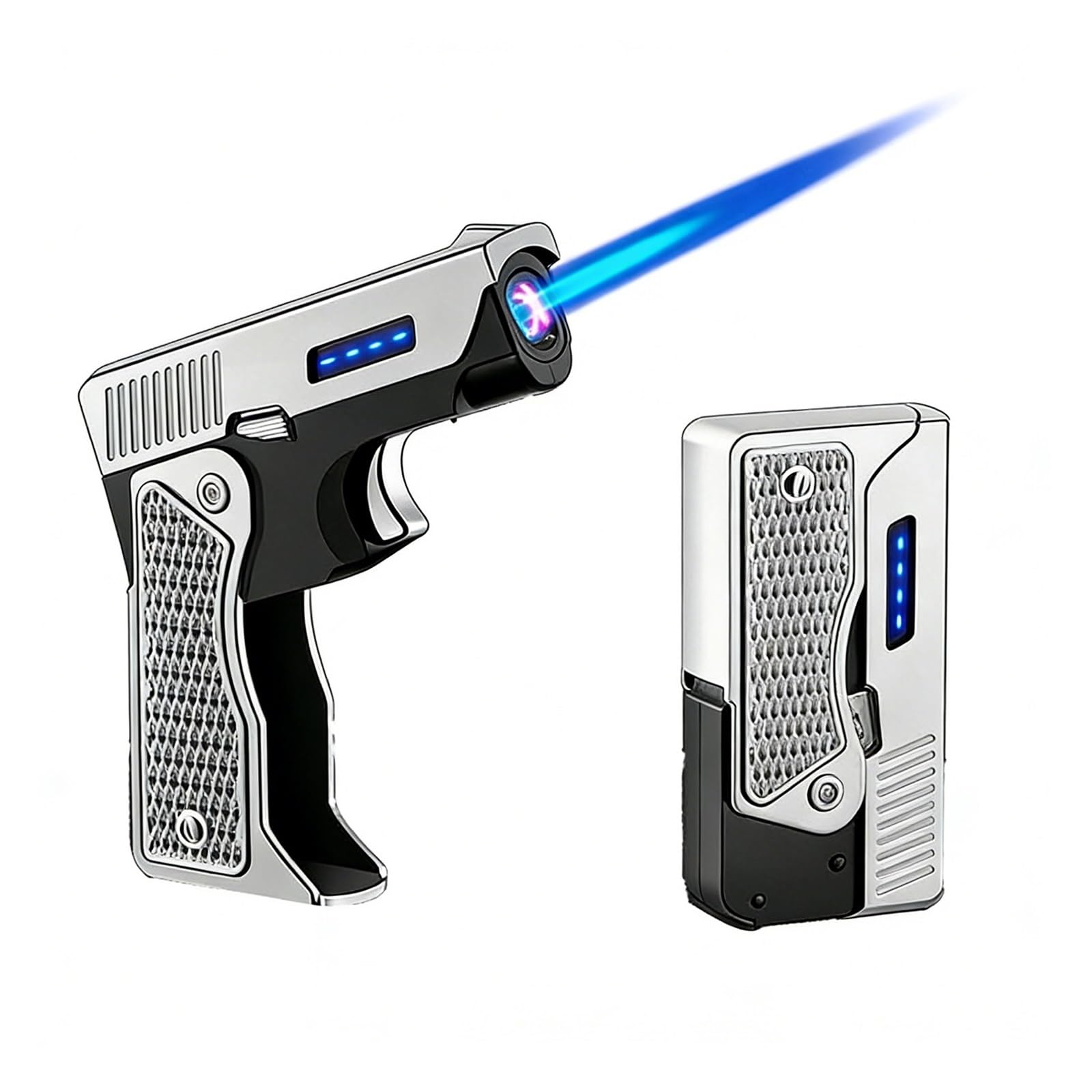 Briquet Torche à Jet Direct, Flamme à Jet Coupe-Vent, Butane Rechargeable, Briquet Portable Pliable for Une Utilisation intérieure et extérieure (Carburant Non Inclus)(Silver)