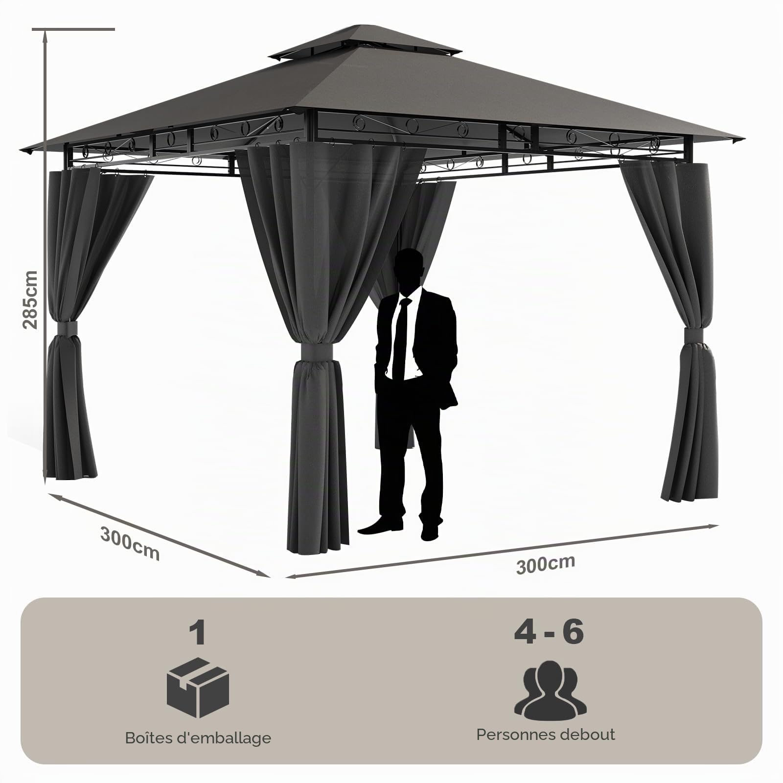 Devoko Tonnelle de Jardin 3x3m, Imperméable Deluxe Tonnelle, Tonnelle de Jardin Exterieur, Tonnelles à Cadre Métallique, Pergola Jardins Exterieur pour 4-6 Personnes, Gris