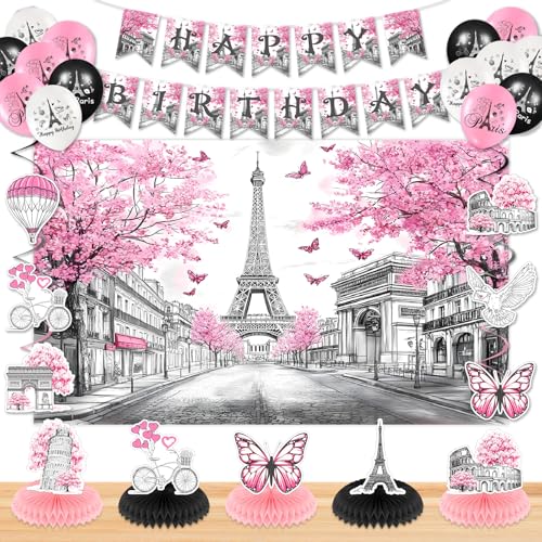 Innovoscape Paris Themed Birthday Party Decorations for Girls & Women - Pink Paris Eiffel Tower Happy Birthday Banner Backdrop Honeycomb Centerpiece Balloons Hanging Swirls