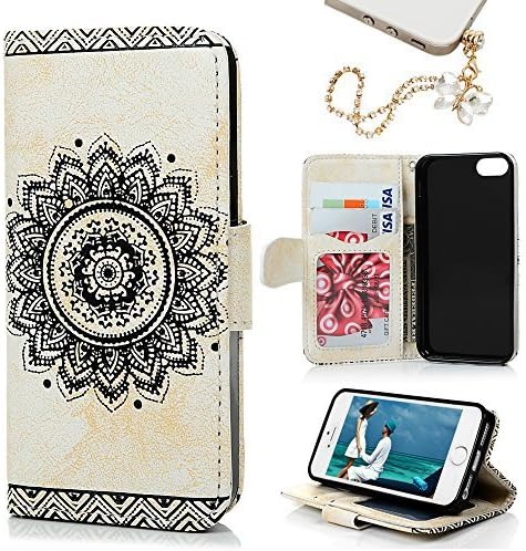 MOLLYCOOCLE iPhone SE & 5 & 5S Case, Stand Wallet Premium PU Leather Skin Cover Magnetic Flip Folio TPU Cushion Bumper Embossed Flower Design Cover Case for iPhone SE / 5 / 5S, Beige