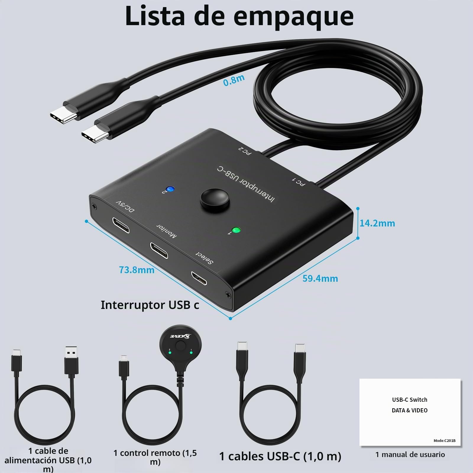 USB C Switch,Bidireccional Conmutador USB C 2 Computadoras,USBC KVM Switch 8K@60Hz 4K@120Hz Vídeo/Transferencia de Datos 10Gbps,PD 100W,Compatible con Dispositivo Thunderbolt, Cable Incluidos