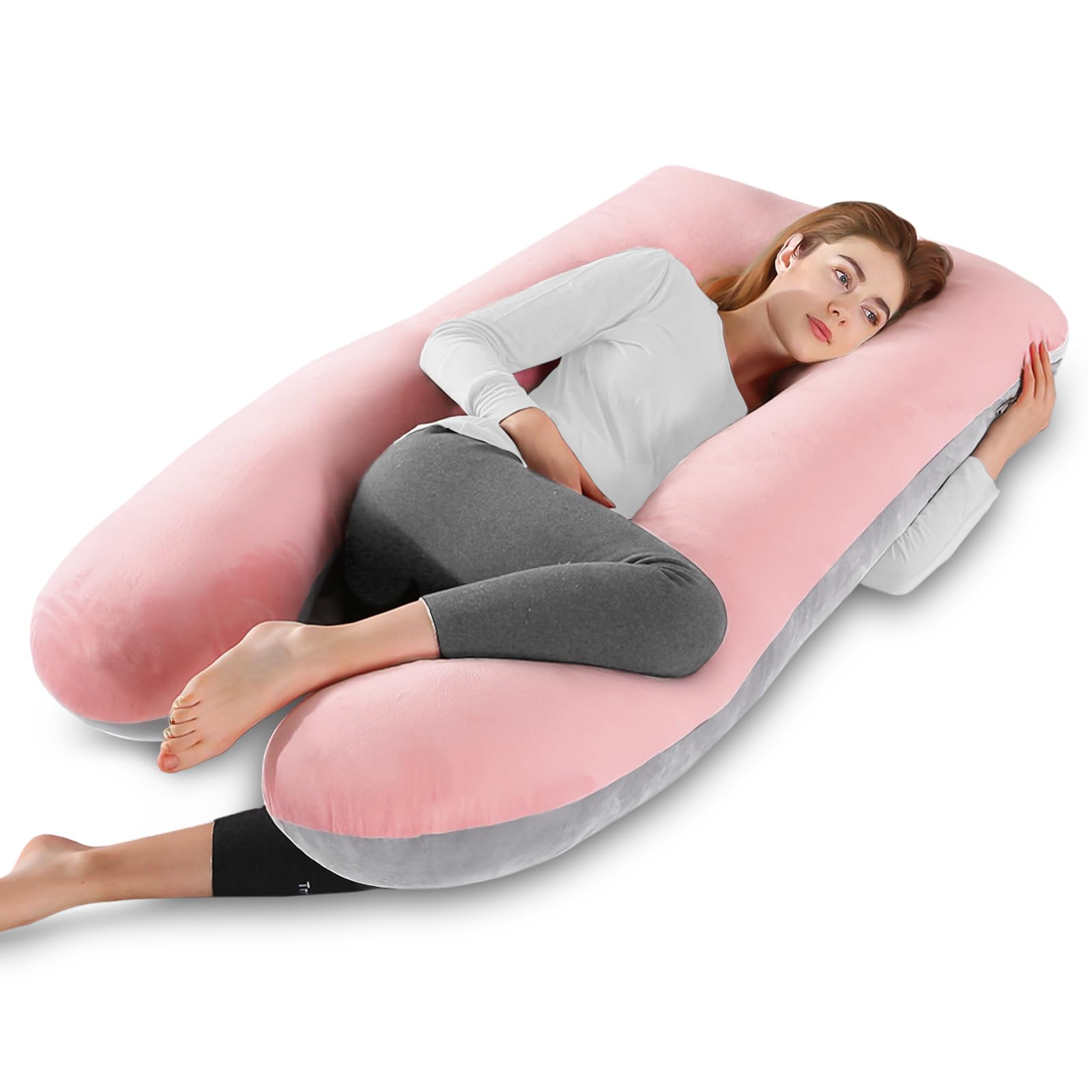 Almohada Embarazada - Almohada de Embarazo Grande - Almohada de Cuerpo Completo en Forma de U - Almohada de Maternidad con Funda de Terciopelo Extraíble y Lavable - Rosa & Gris