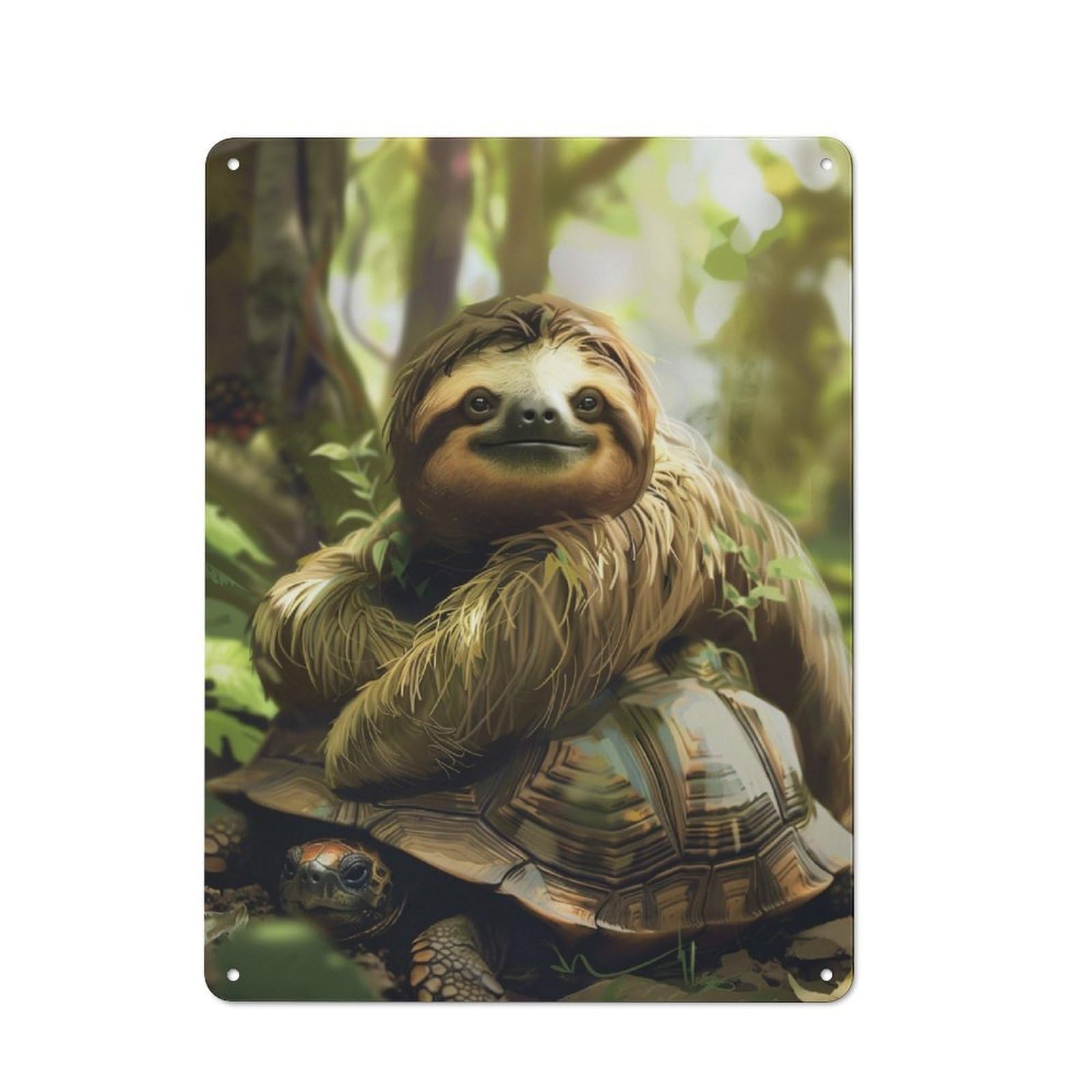 Metal Wall Sign 40x30cm Featuring Sloth Chilling Turtle Back for Garage Or Workshop, Suited to DIY Enthusiasts
