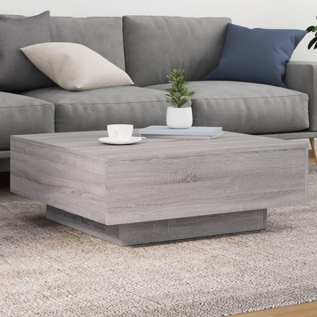 SXZenSpace LED Coffee Table 80x80 Grey Sonoma Engineered Wood Side Modern RGB Lights Adjustable Colour for Living Room