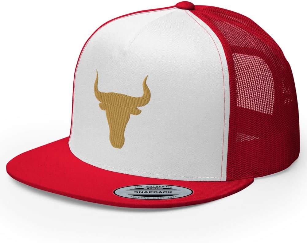 NX Bull Head Rodeo Old Gold Embroidered Flat Bill Trucker Hat High Crown Snapback Western Country Cowboy Cowgirl Hat