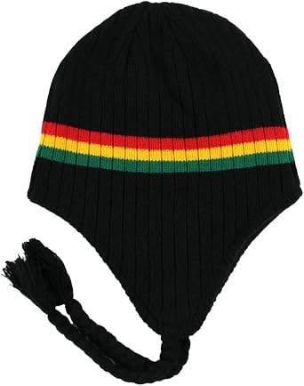 RW Rasta Ribbed Ear Flap Beanie Hat Black/Rasta