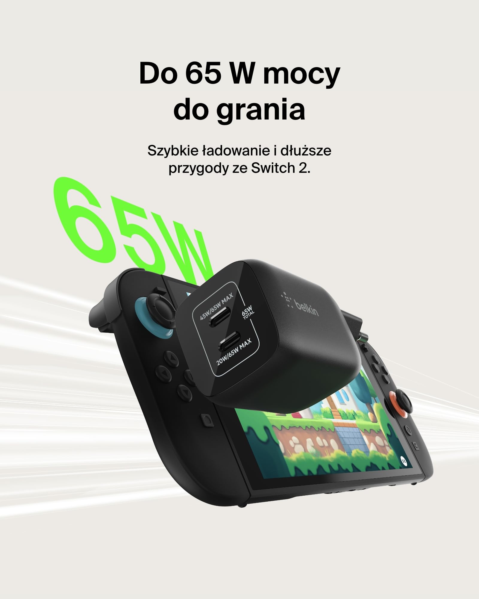Belkin ładowarka USB-C 65 W z dwoma portami dla graczy, ładowarka USB 3.0 z GaN do szybkiego ładowania Nintendo Switch 2, iPhone 16, iPad, MacBook Air, Chromebook, Samsung Galaxy S25 Ultra – czarna