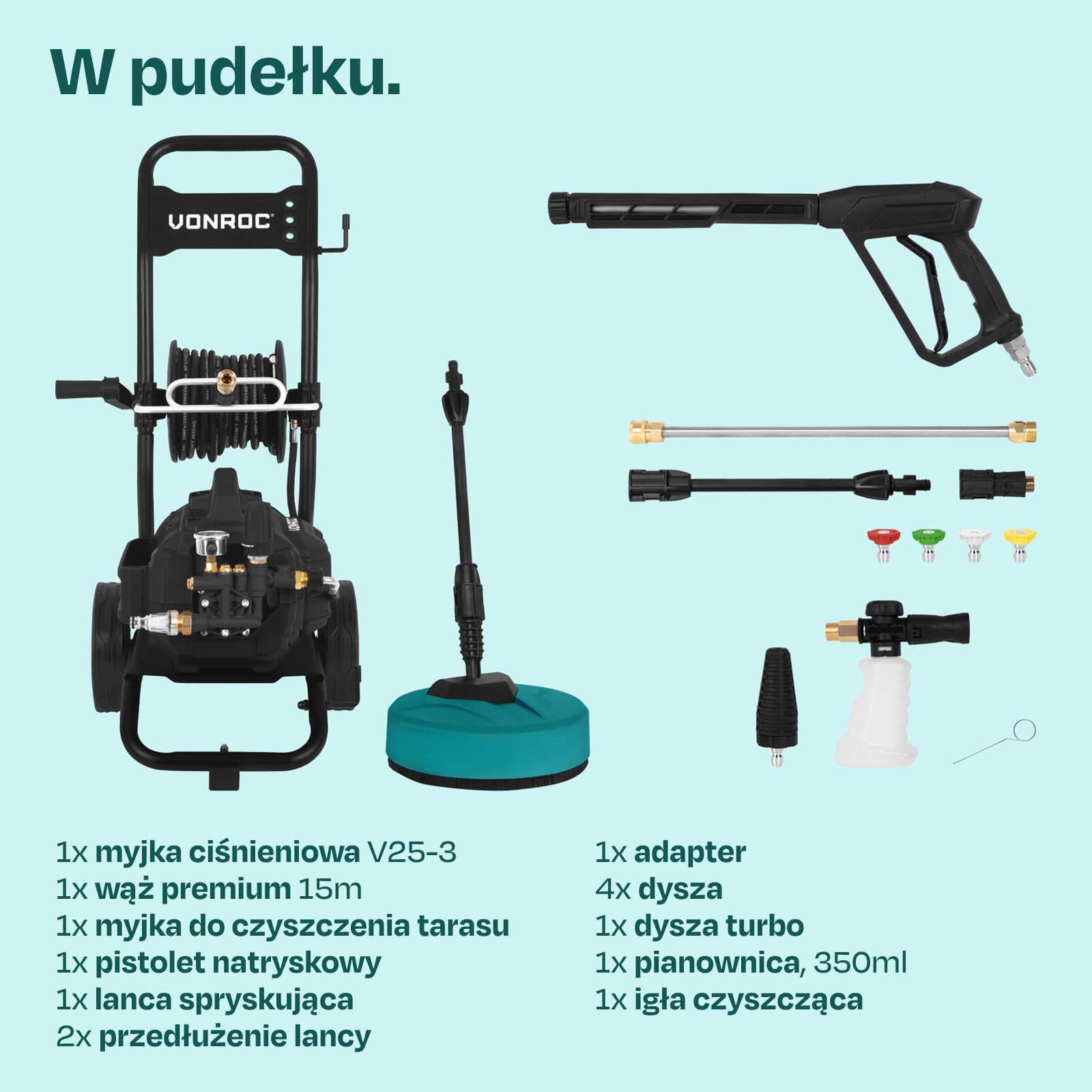 VONROC Myjka ciśnieniowa PRO V25-3 – 2500 W – 180 barów – silnik indukcyjny – wąż premium o długości 15 m – w zestawie: końcówka do czyszczenia tarasów, rozpylacz piany i 5 dysz