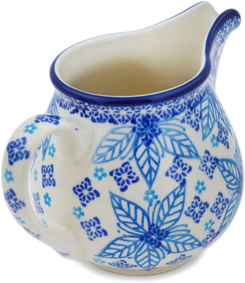 Polmedia Polish Pottery Creamer UNIKAT - Blue Poinsettia Pattern Handmade in Boleslawiec Poland by Ceramika Artystyczna + Certificate of Authenticity