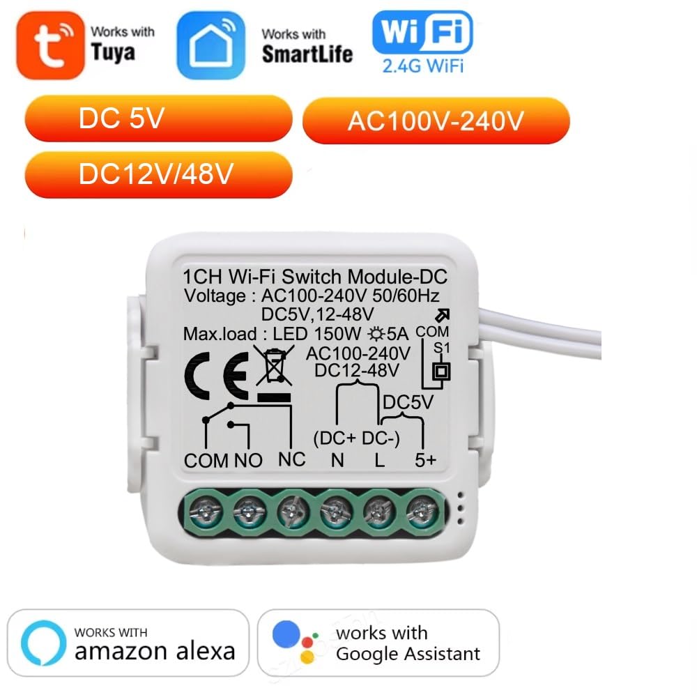 MHCOZY 1-Channel WiFi Relay Module showing compatibility with Tuya, SmartLife, WiFi 2.4G, DC 5V, DC 12V/48V, AC 100-240V, Amazon Alexa, and Google Assistant.