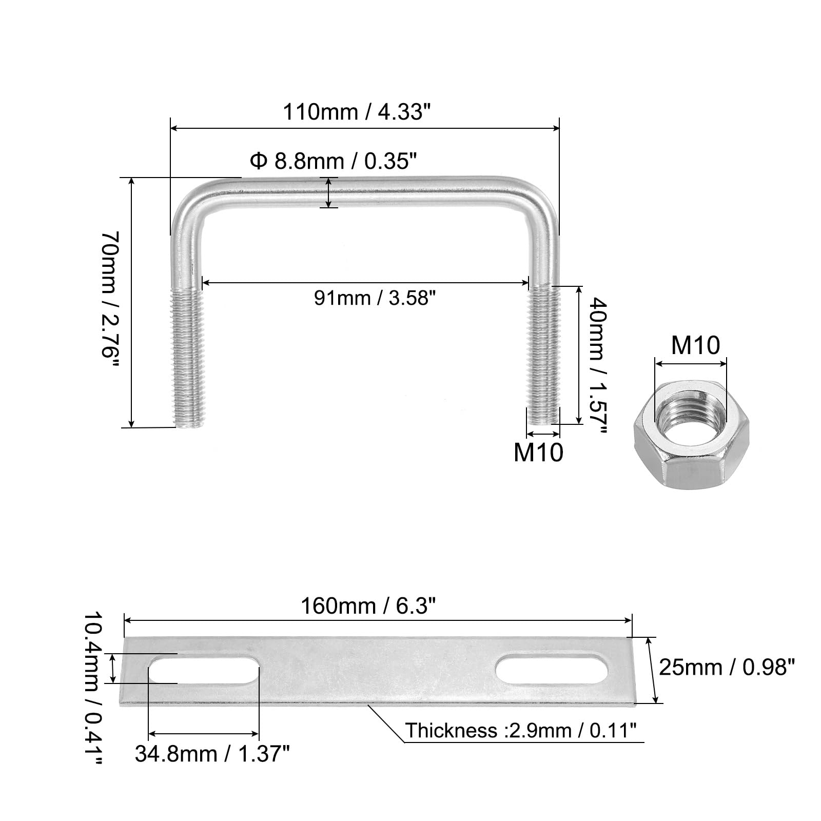 PATIKIL M10x90x70mm Square U-Bolts Kit - Image 2