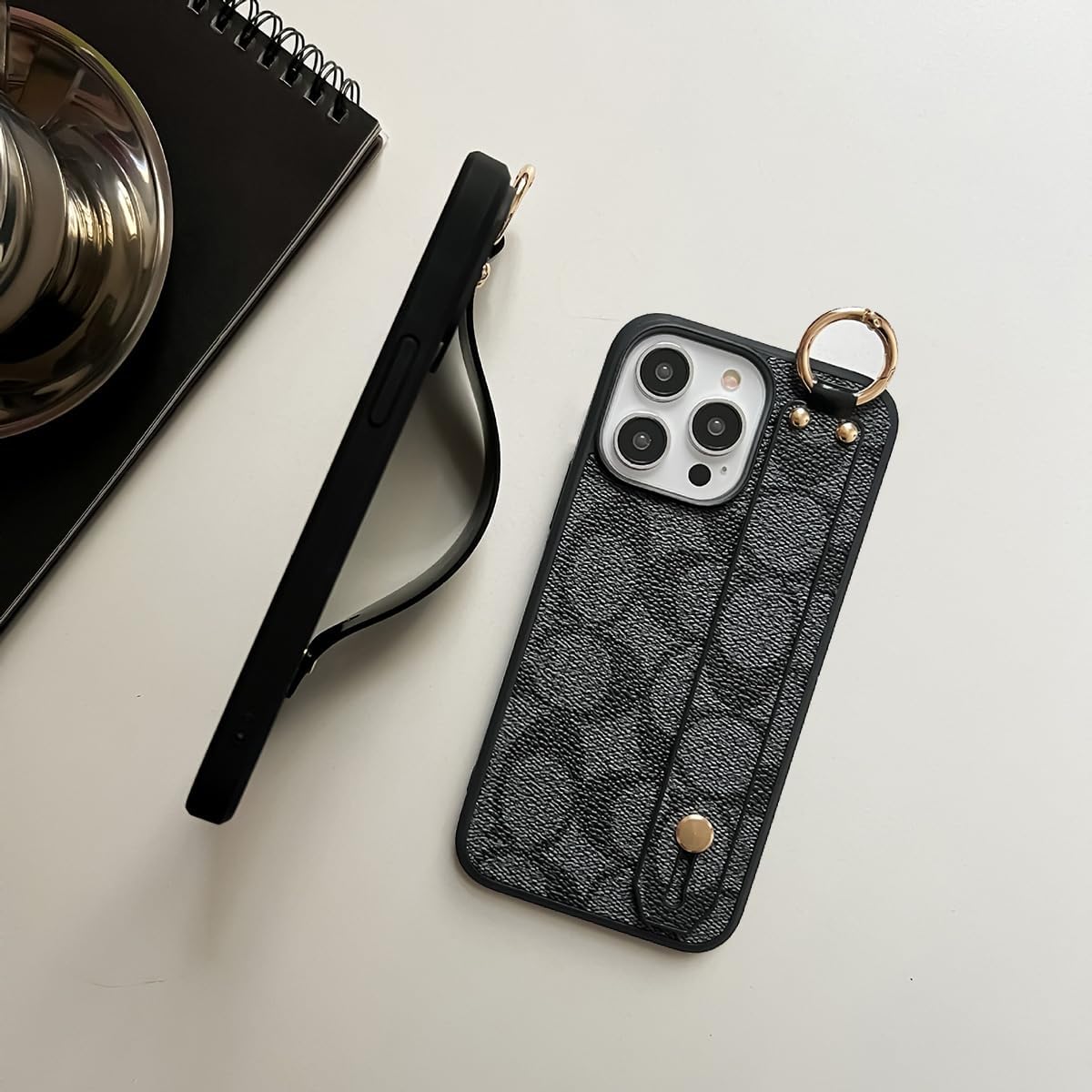 Case for iPhone 15 Pro Max with Ring Holder,Designer Textured Leather Pattern with Wrist Strap,Shockproo Protective Tough Cover Compatible with iPhone 15 Pro Max 6.7Inch(Black) - Image 4