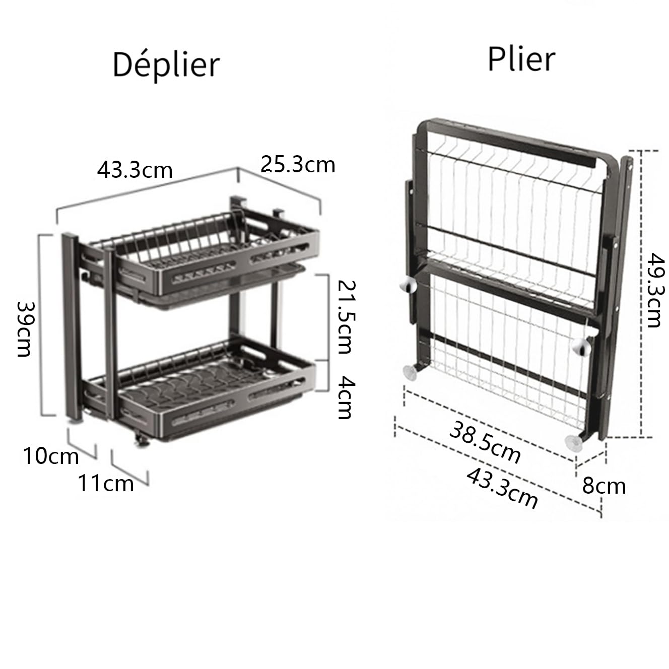 TentHome Escurreplatos Plegable de Acero Inoxidable 304 para Pared (Sin Taladro) / Encimera, Escurridor de Platos Grande para Cocina, Organizador Secaplatos (Negro, Dos Pisos)