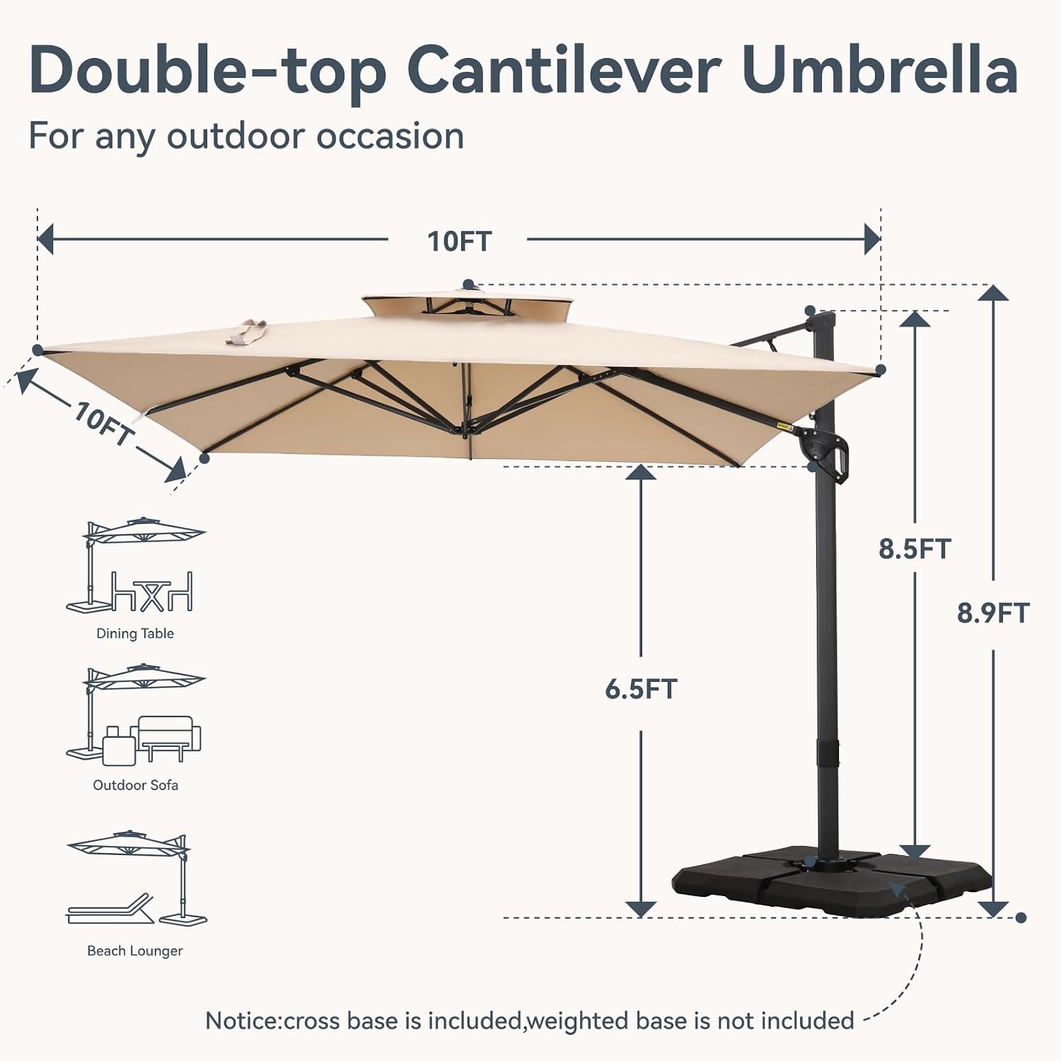 GREEN PARTY 10x10 ft Cantilever Patio Umbrella with Base Included, Outdoor Offset Umbrellas with 360° Rotation, 5-Year-Non-Fading Hanging Pool Umbrella for Garden Deck Poolside - Beige