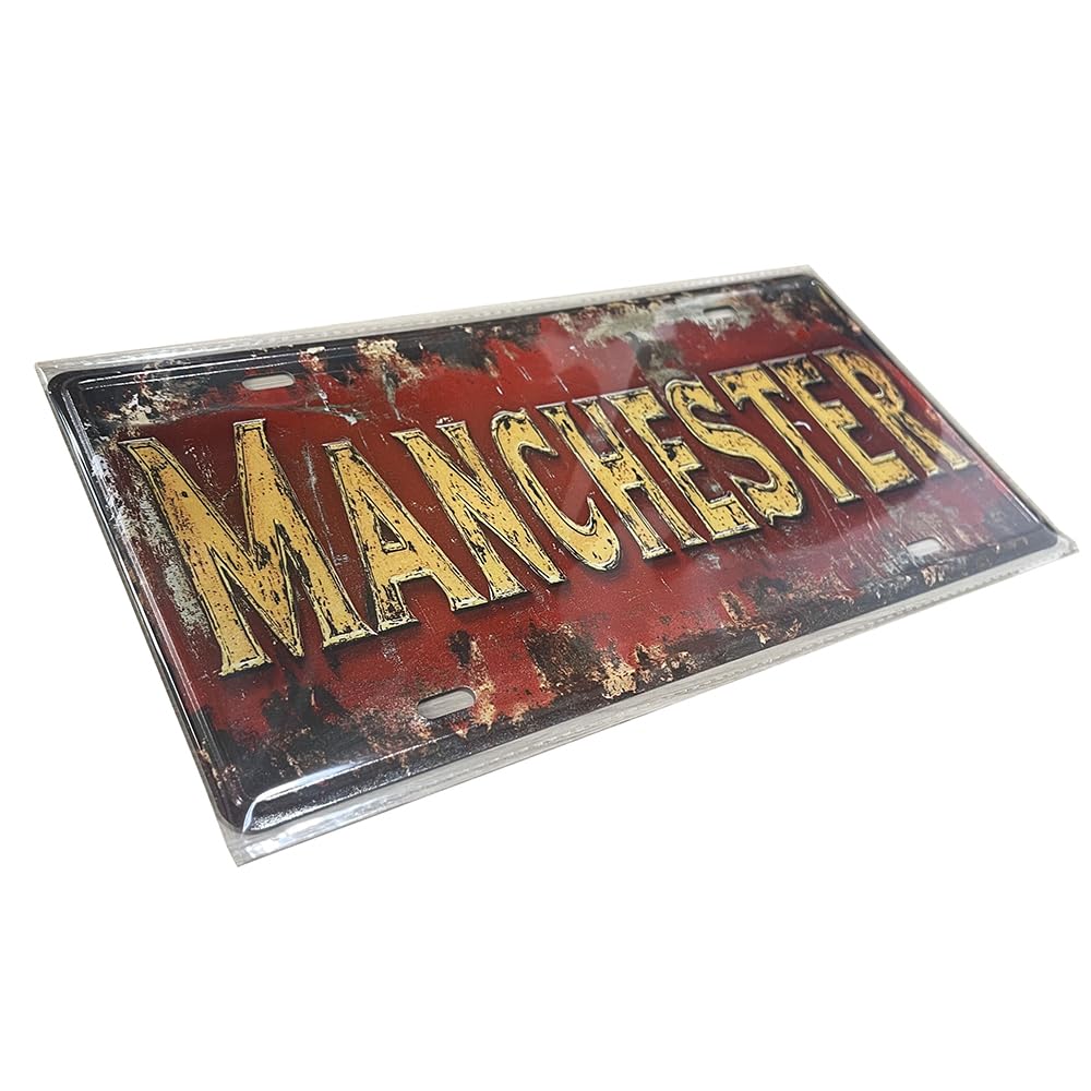 Manchester Vintage Metal Sign – Red Distressed 30x15cm Wall Plaque for Bar, Pub, Garage, Man Cave, Home Decor