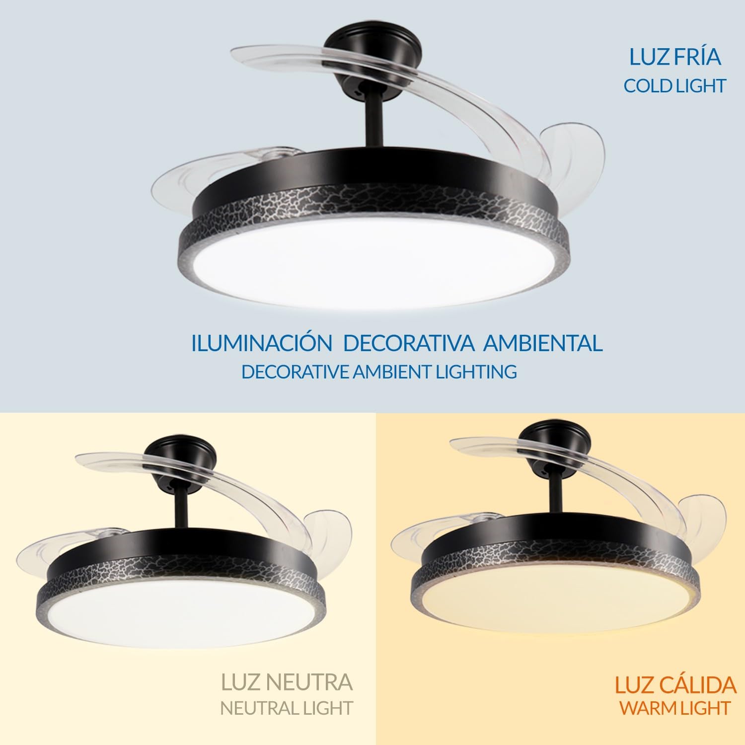 M mimotec - Ventilatore da soffitto a LED Black Rail, temperatura di colore regolabile, funzione estate/inverno, 6 velocità, LM8850