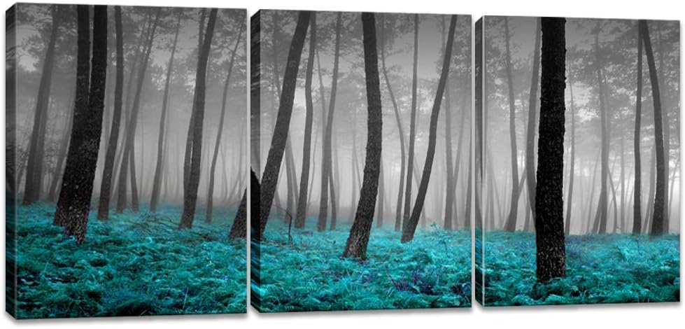 iKNOW FOTO 3 Pieces Canvas Wall Art Forest Mist with Teal Trees Black and White Woods Scenery Painting Long Canvas Artwork Contemporary Nature Picture for Home Office Wall Decor 12x16inchx3pcs