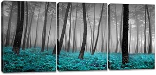 iKNOW FOTO 3 Pieces Canvas Wall Art Forest Mist with Teal Trees Black and White Woods Scenery Painting Long Canvas Artwork...