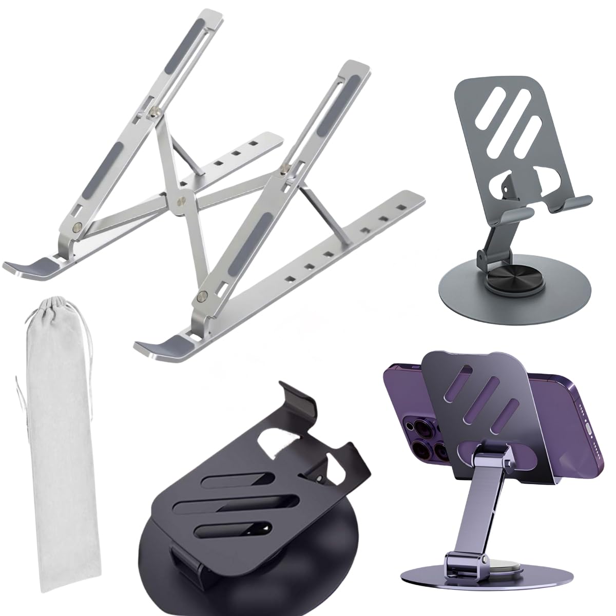 GADGETSWEAR Aluminum Laptop Stand (Combo with 360 Degree Mobile Stand) Foldable, Height Adjustable, Portable for Travel Accessories, Work from Home Suitable with Tablet, iPad, Laptops & MacBook