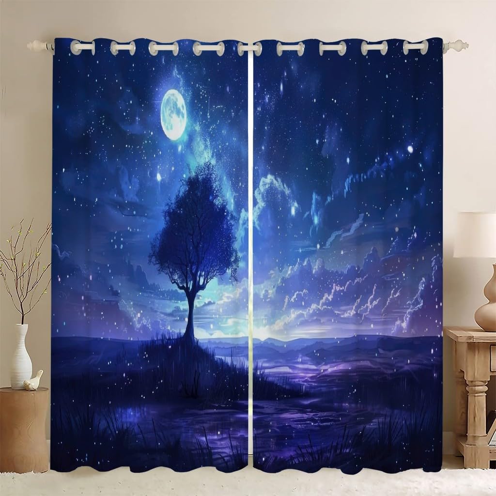 Moon Curtains for Bedroom Black Out Tree Curtains 108 inches Long, Black Out Curtains, Curtains for Bedroom 2 Panels Set, for Patio Living Room 52x108 in (W x L)