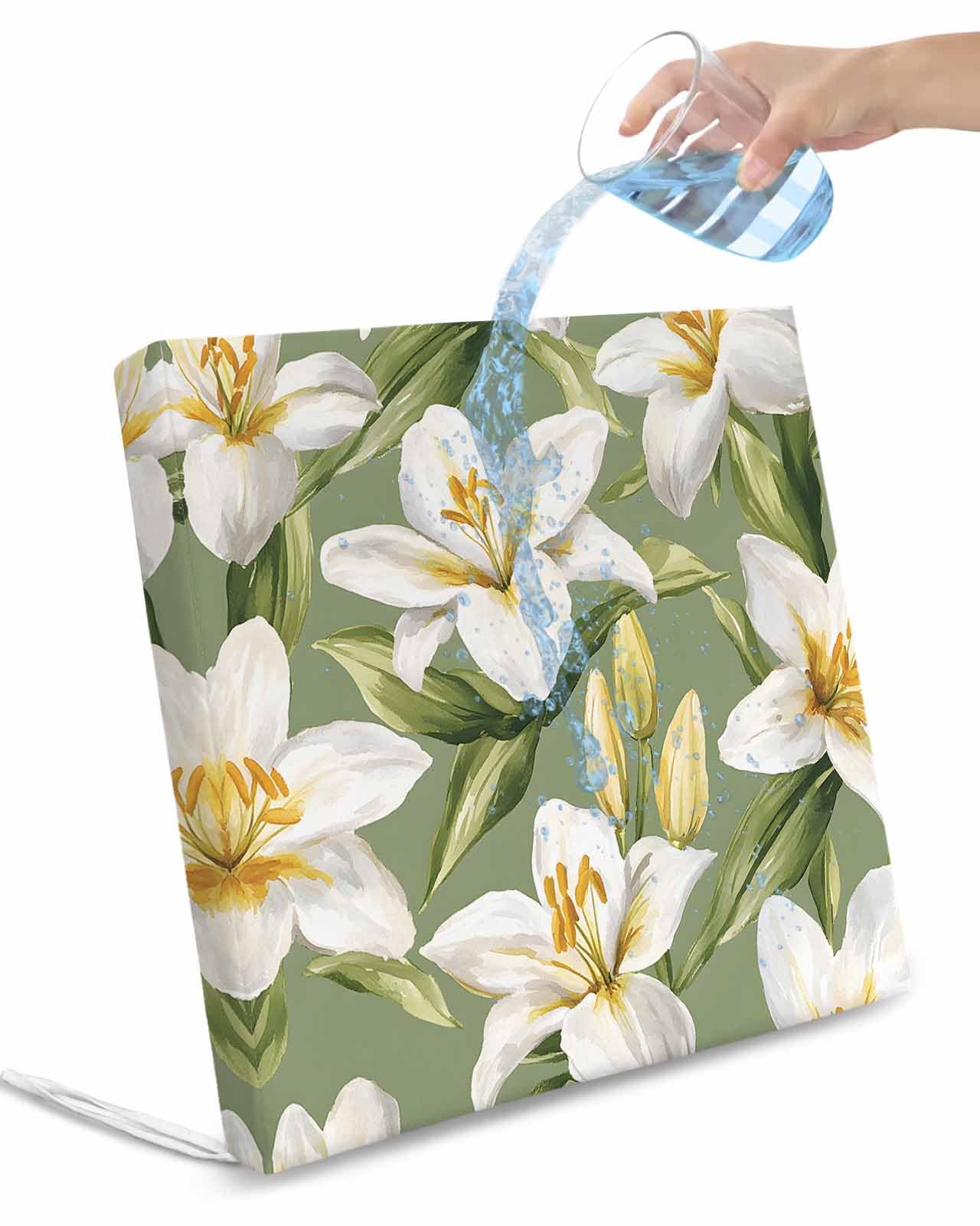 2 Pack Verdant Flower Patterns Waterproof Cushion Covers with Ties, Outdoor Patio Chaise Lounge Chair Seat Cushion Slip Covers Replacement(Only Cover) Green White Spring Floral 24