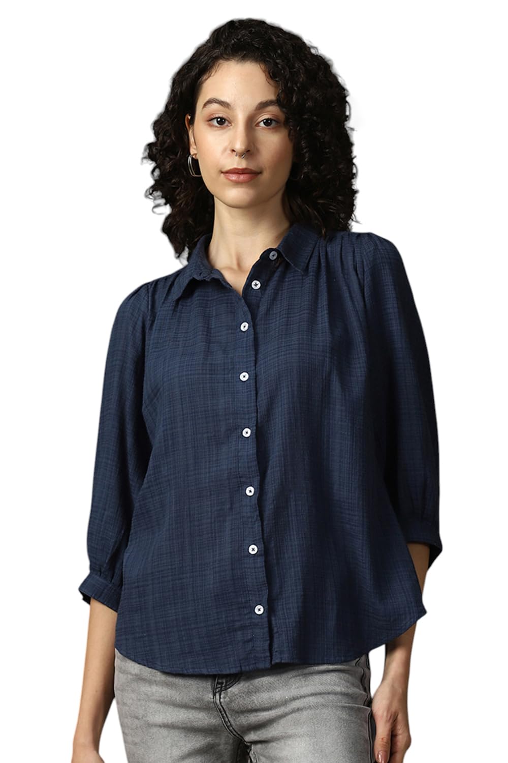 high star clothing High Star Women Cotton Solid Oversized Fit Spread Collar Full Sleeves Shirts-picture-14