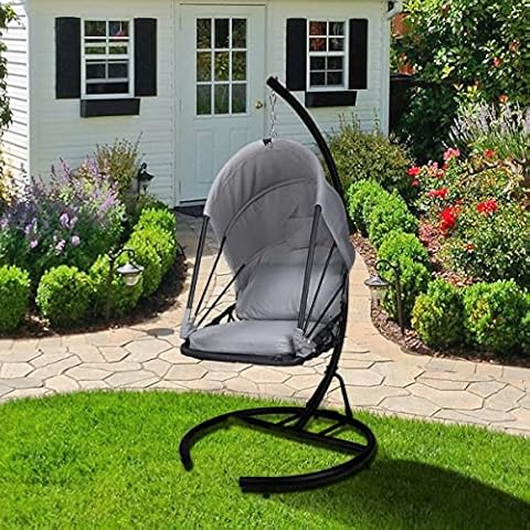 Geniqua Foldable Hanging Chair Swing Hammock Egg Chair PE Rattan Wicker Seat w/Padded Cushion Headrest Pillow Canopy for Outdoor, Indoor, Grey Cover