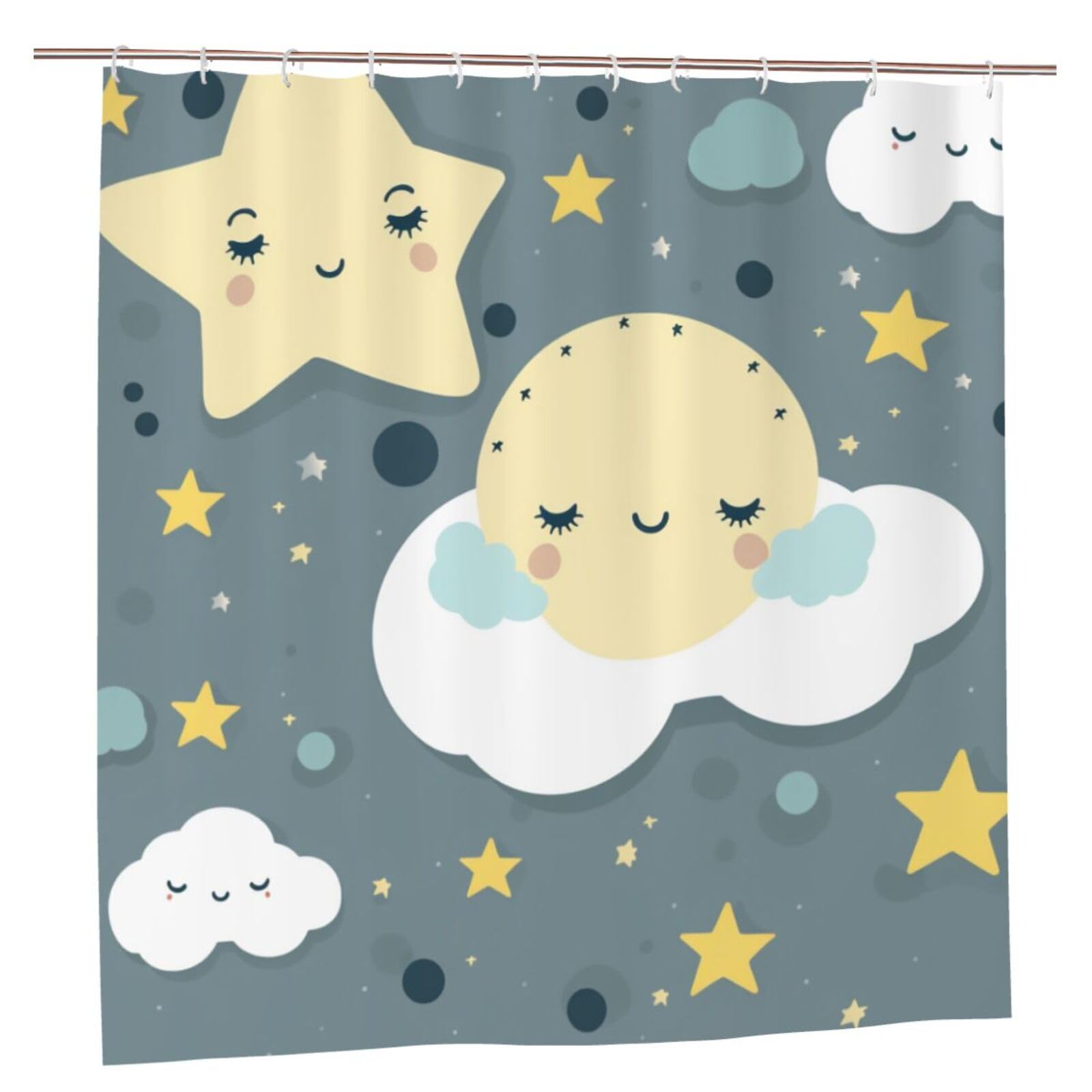 BWWHCCTI Moon Cloud Star Printed Shower Curtain With 12 Plastic Hooks Opaque Quick Drying Waterproof Shower Curtains Sets For Bathroom 183x183 CM