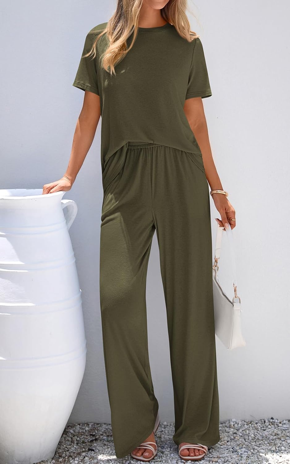 PRETTYGARDEN Spring Lounge Sets for Women 2 Piece Short Sleeve Crewneck Cute Tops and Wide Leg Pants with Pockets Pj Set - Image 2