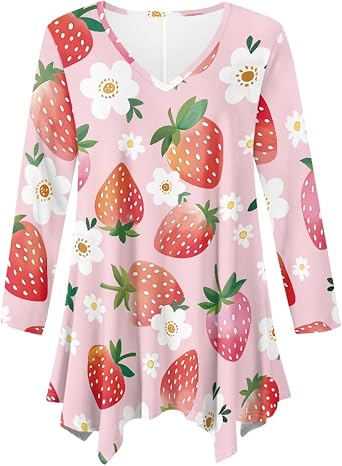 Womens Printed Tunic Tops Long Sleeve Spring Irregular Hem Dressy Casual V Neck Tops