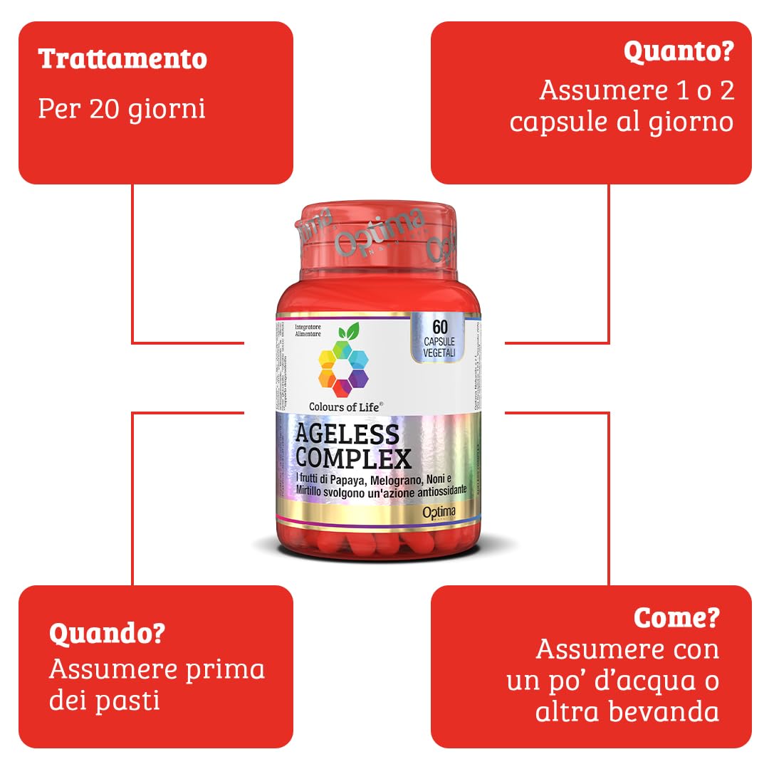 Ageless Complex - integratore alimentare con Papaya, Melograno, Noni, Mirtillo e Sambuco, protegge le cellule dallo stress ossidativo, antiossidante, 60 capsule Colours Of Life
