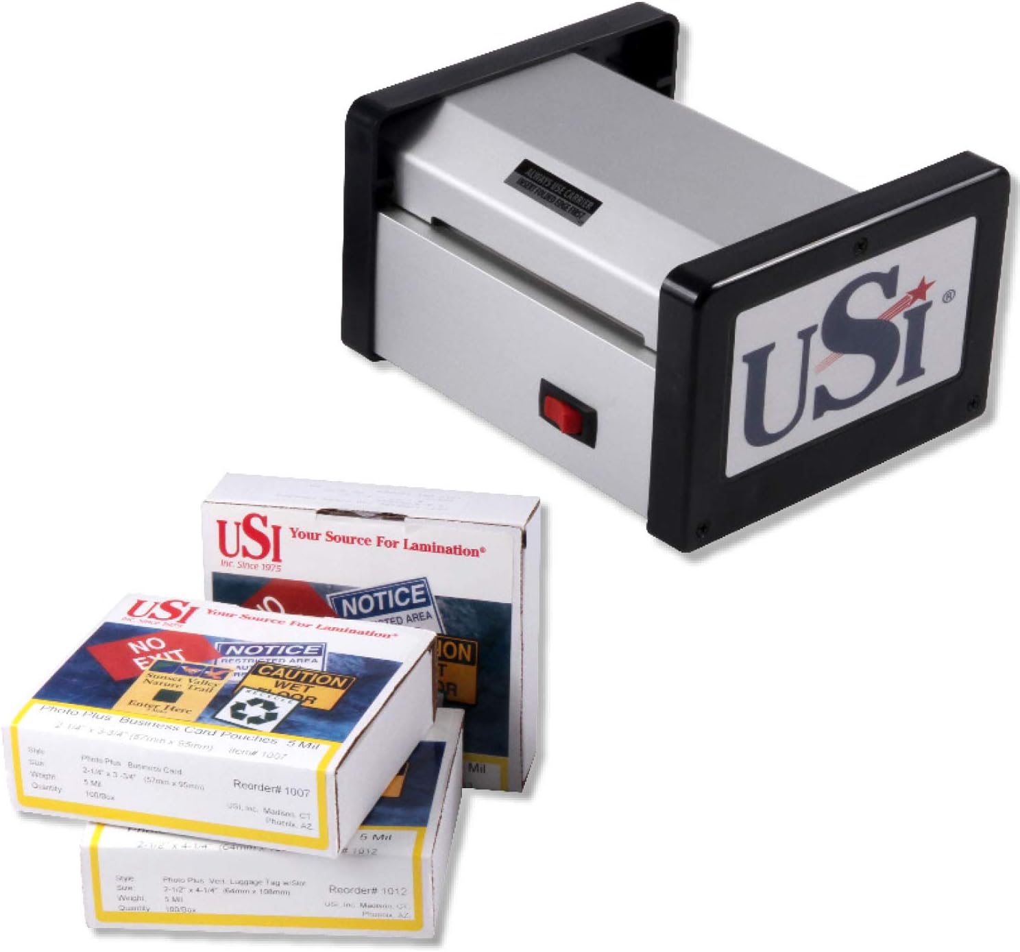 USI HD 400 Heavy Duty Pouch Laminator Kit, Laminates Pouches up to 4 Inches Wide and 15 Mil Thick, 5-Year Warranty; Includes Business Card, Vertical Luggage Tag,and Military Size ID Pouches