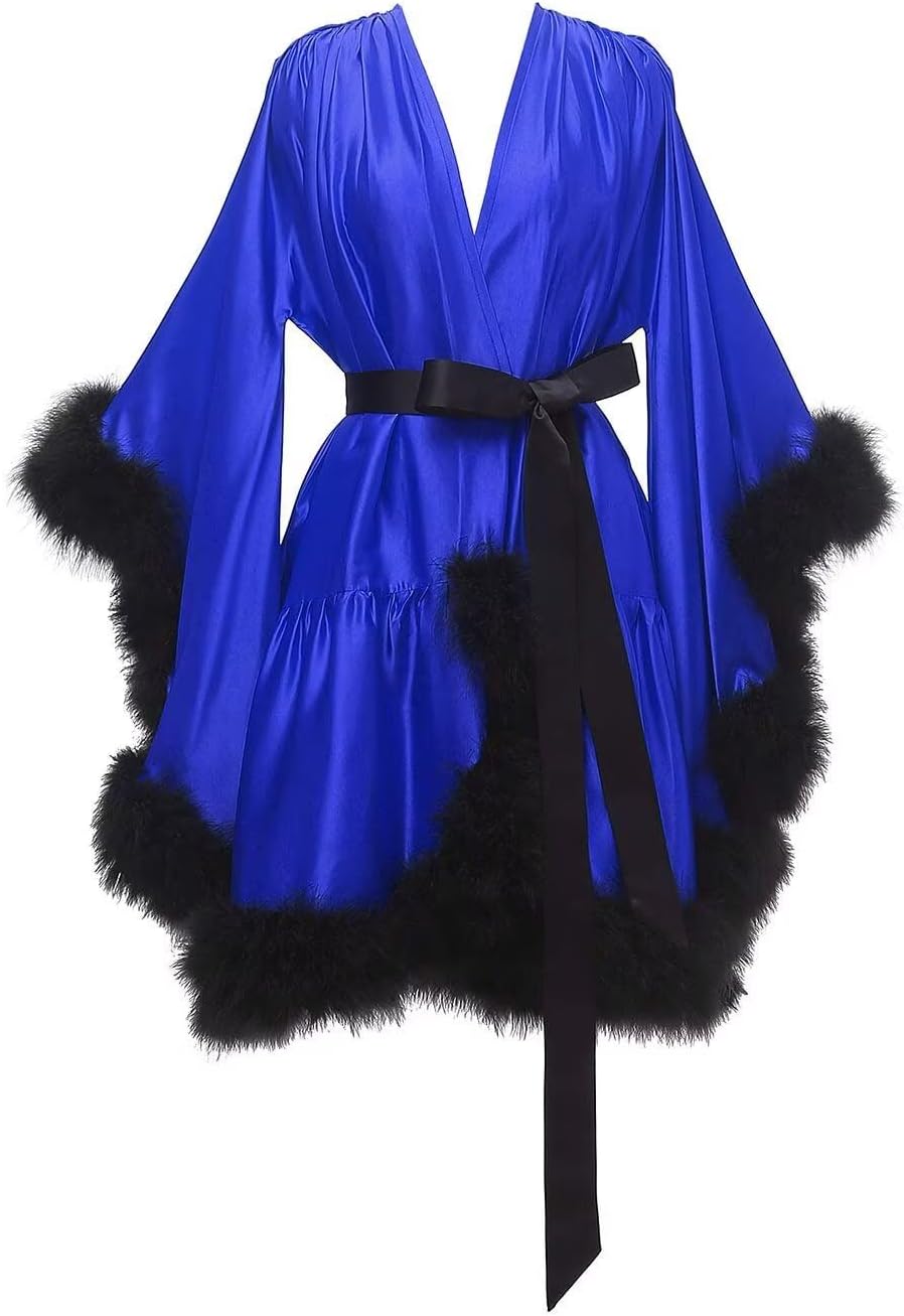 Changuan Women's Feather Robe Silk Satin Fur Bridal Robe Short Dressing Gown Bathrobe Lingerie Nightgown Sleepwear
