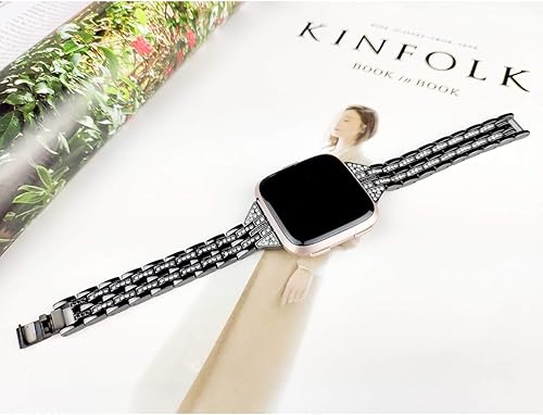 Miniatura 5 de Mtozon Bandas de metal compatibles con Fitbit VersaVersa 2Versa Lite, pulsera de repuesto con diamantes de imitación de metal para mujer, plata, oro