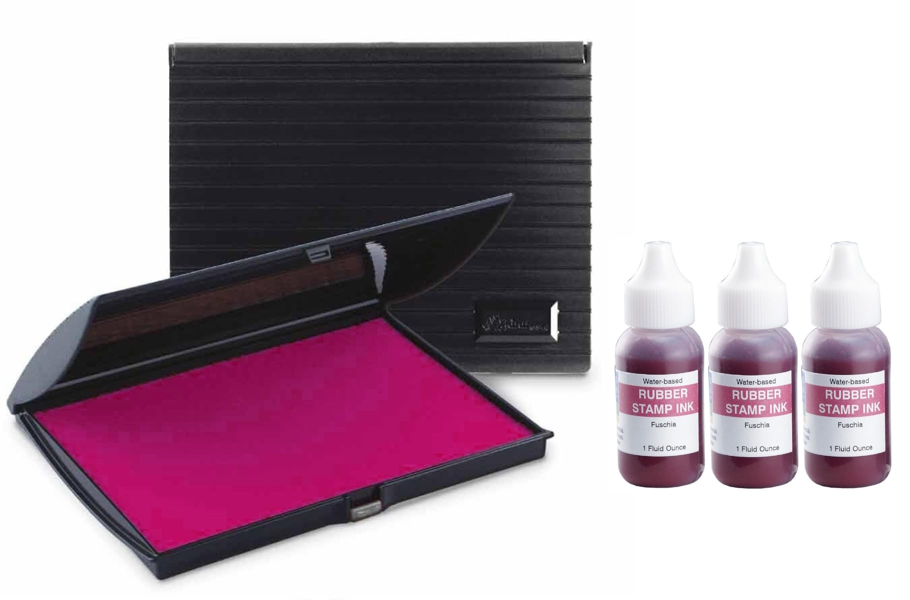 Infusion 3" x 6" Large Stamp Ink Pad for Rubber Stamps, Fuchsia Stamp Pad & 3-Pack Ink Refill Bundle