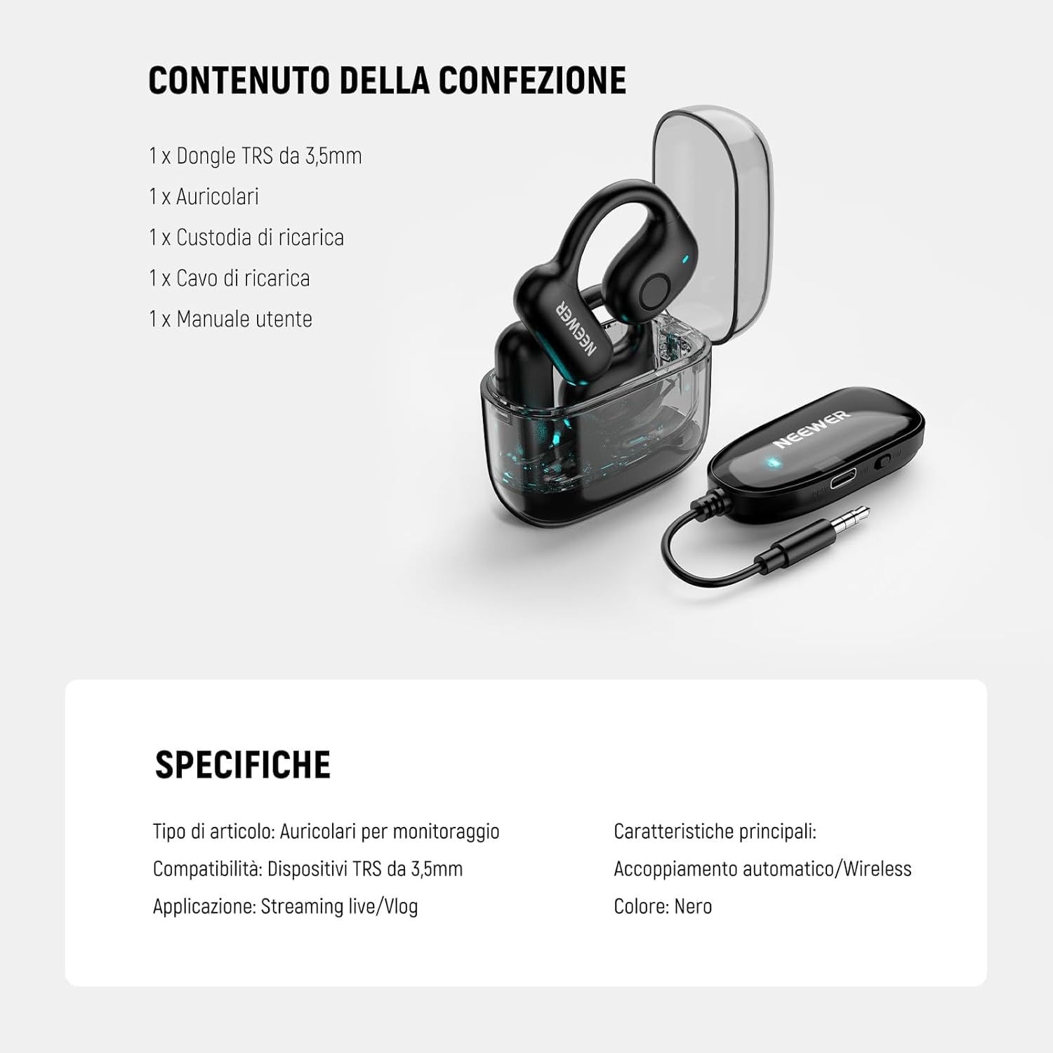 NEEWER EB01 Auricolari OWS Dongle Wireless 2.4G con Monitoraggio in Tempo Reale a Latenza Zero Antirumore Traccia Mono Portata 30m 24H per Jack Monitor TRS 3.5mm/Mic Lav Wireless/TV/Telefono/Laptop/PC