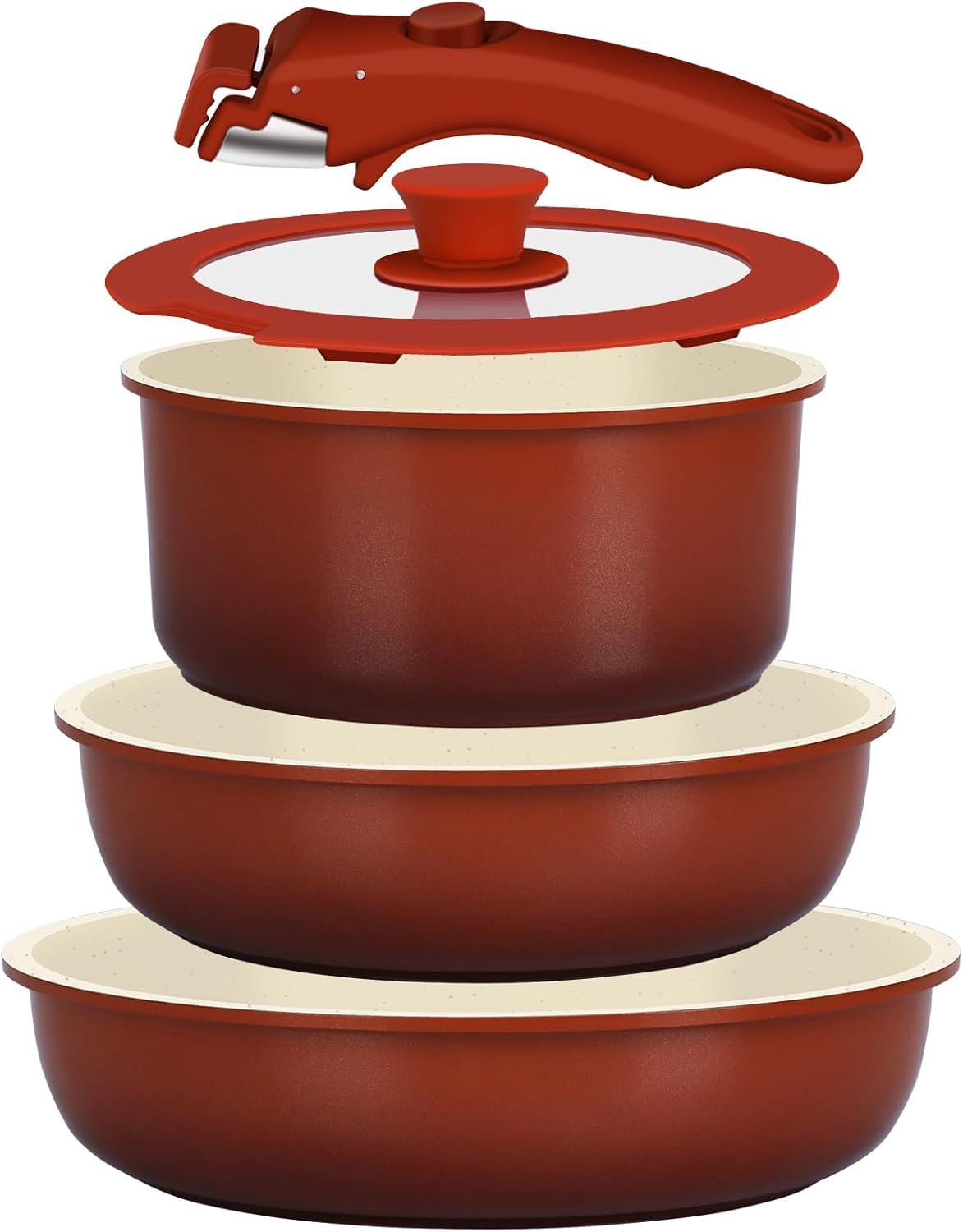 GiPP 5 PCS Set Poele et Casserole Induction Antiadhésive en Granit,Rouge | Batterie de Cuisine Tout Feux, Inclure Poêle/Casserole/Wok, Poignee Amovible pour Camping, Compatible Lave-vaisselle et Fours