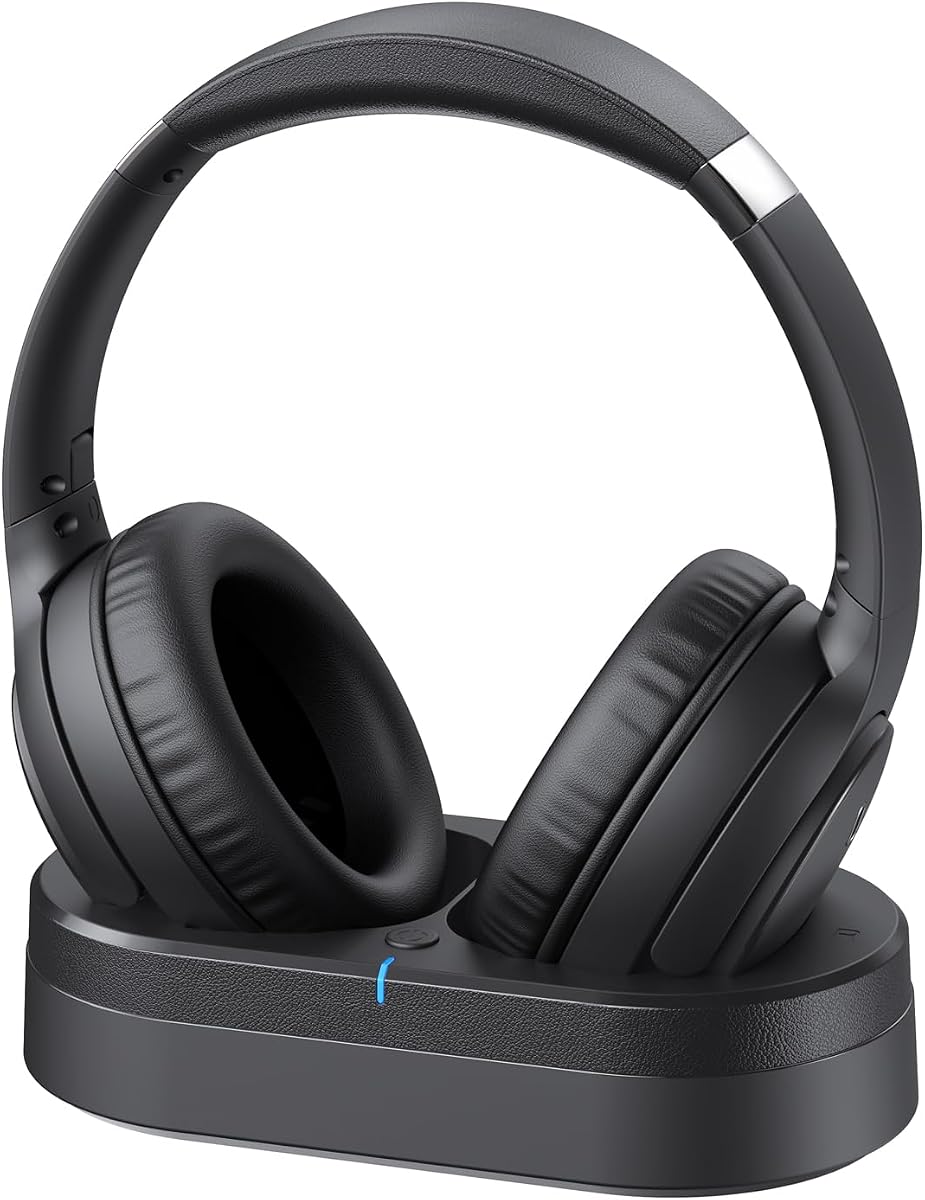 Wireless Headphones for TV Watching, TV Headphones Wireless for Seniors with Versatile Transmitter Charging Dock, Instant Audio Sync, 60-Hour Playtime, Perfect for Parents & Seniors, Black