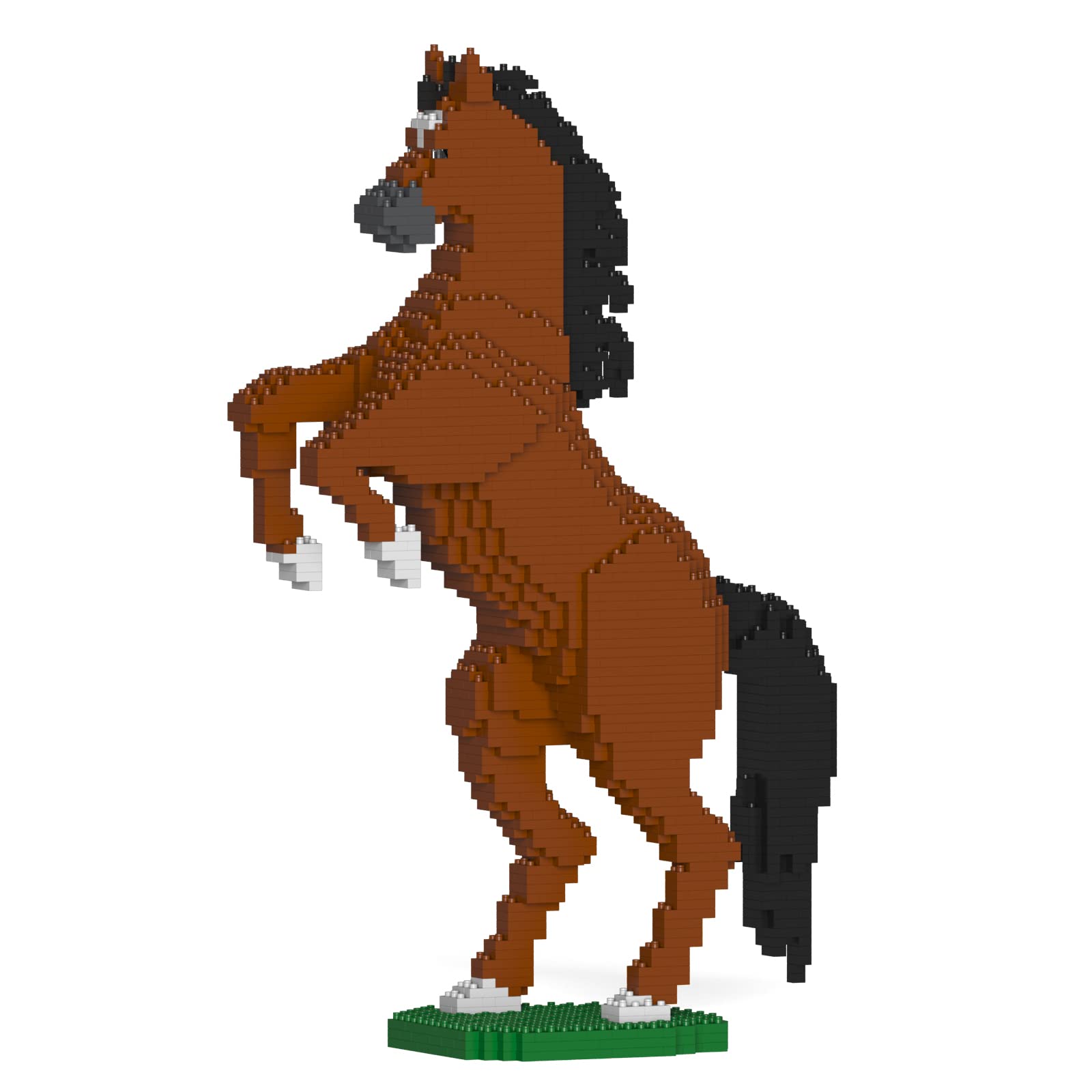 Completed JEKCA Horse 03S-M01 model standing on its hind legs on a green base, placed on a table in a living room setting.