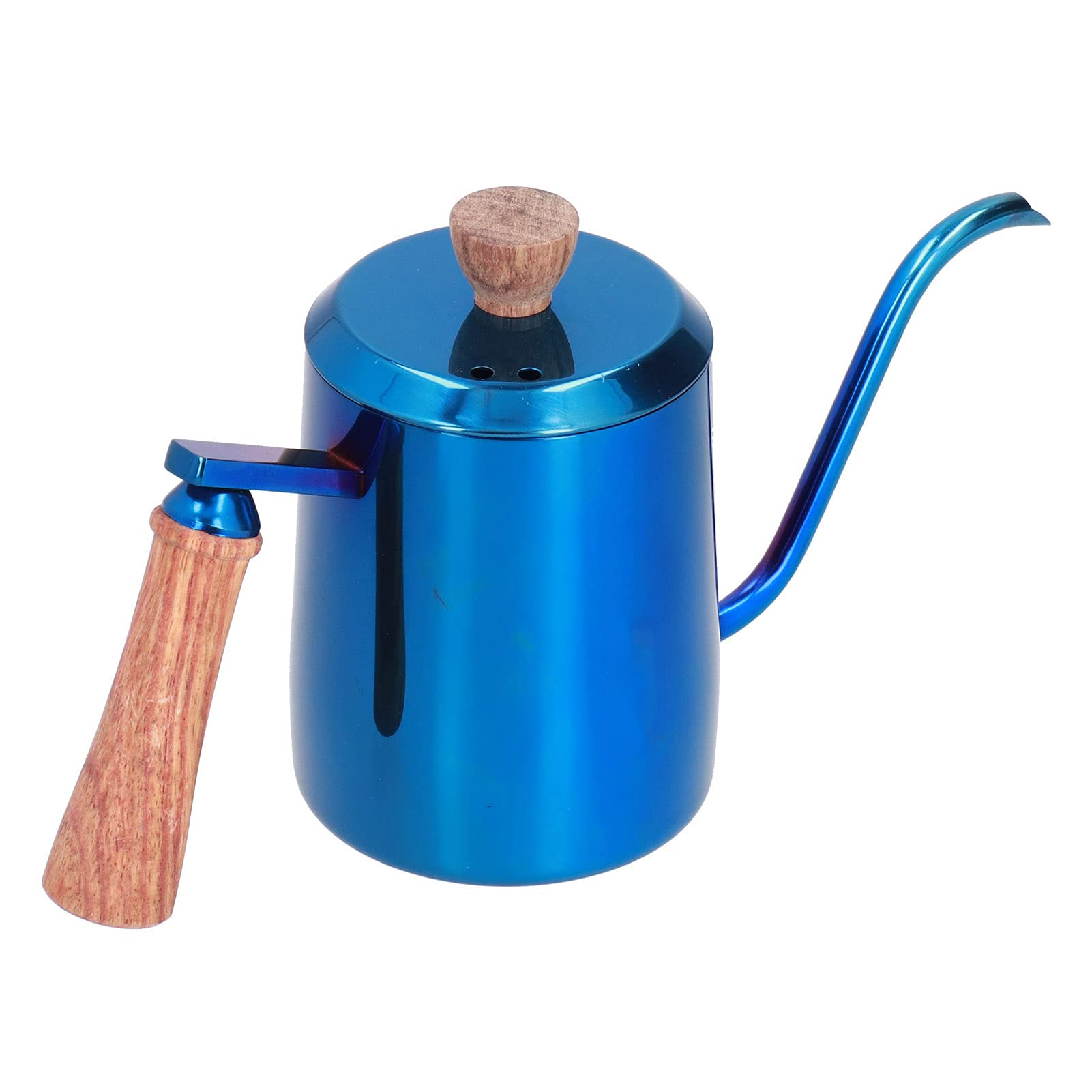 Caffettiera Manuale in Acciaio Inossidabile da 600 ml, Bollitore a Collo di Cigno con Manico in Legno, Bollitore con Beccuccio Lungo e Stretto per una Preparazione Precisa, (Blu)