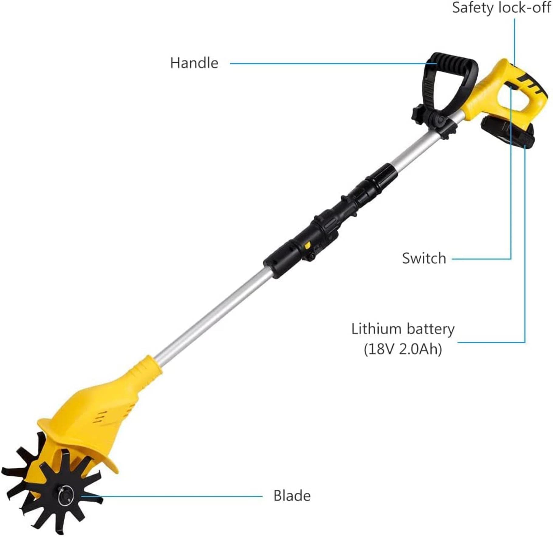 Rotavator de jardín inalámbrico de Mano con batería recargable y cargador, profundidad de labranza de 10 cm, ancho de Tierra cultivada de 10 cm, cultivador Ajustable para jardín