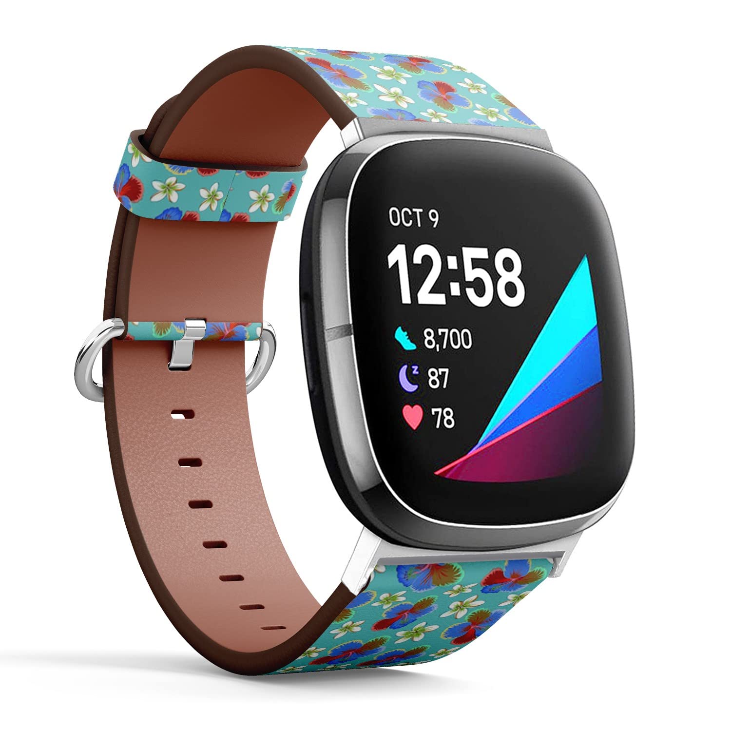 CJBROES Replacement Leather Watch Band, Compatible with Fitbit Versa 3 and Fitbit Sense of Wristband Bracelet Accessory - Multicolored Hibiscus Flowers Buds Retro