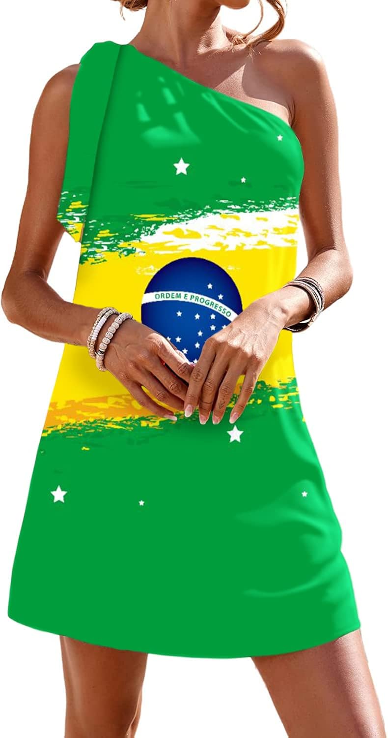 Guteidee Women's One Shoulder Dress Casual Tie Bow Knot Sleeveless Mini Dress Wedding Guest Dress Cocktail Party Dresses Medium D-brazil Flag