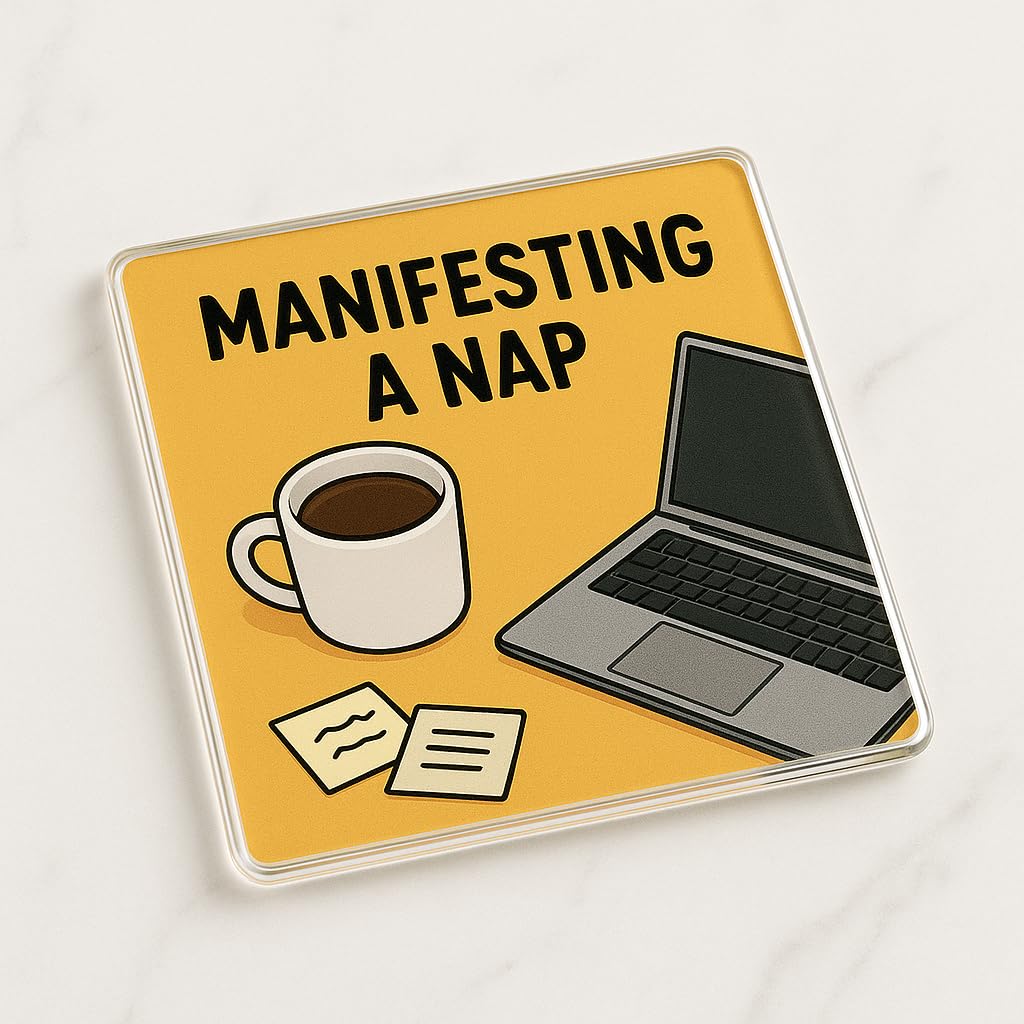 The Plum Penguin Dream Escape Desk Acrylic Coaster Gift With Humorous Desk Scene - Quirky 'Manifesting A Nap' Decor For Office Relaxation Friend Colleague Present