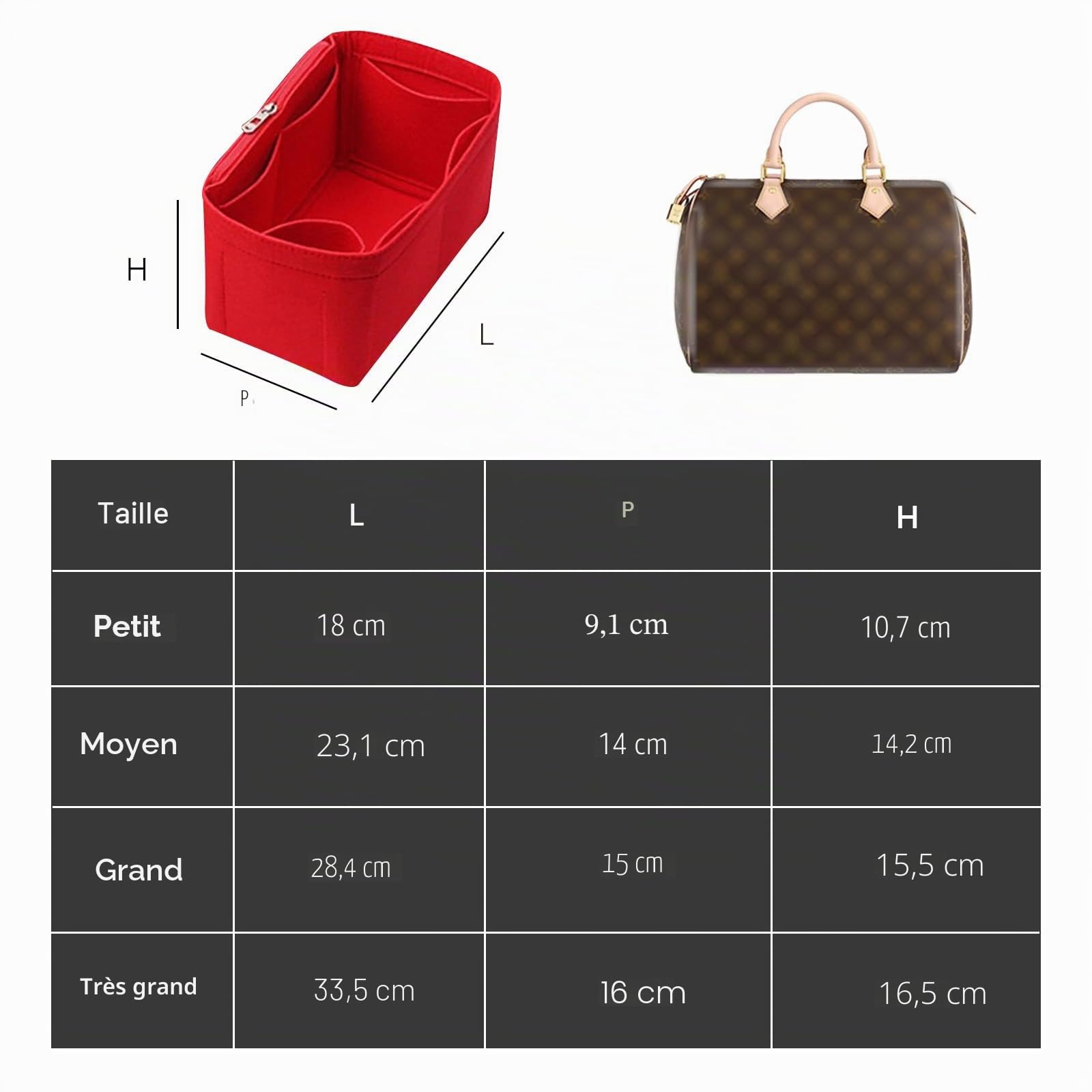 Lckaey Inserts de rangement pour sac à main Speedy 25 HandBag Insert de protection Sac fourre-tout et protecteur de sac à main Y073rouge-M