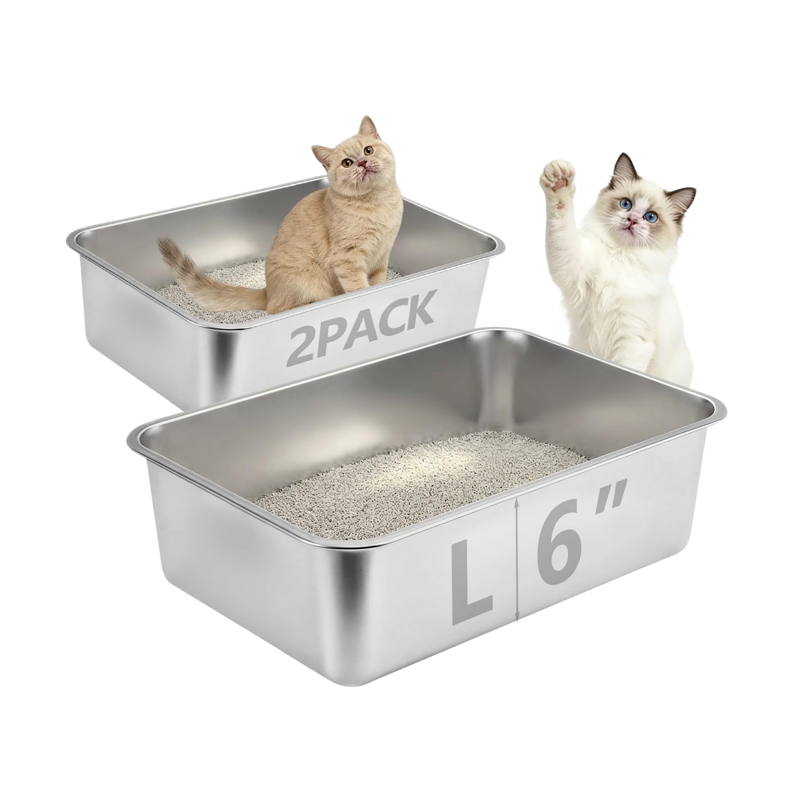 Homegroove Stainless Steel Litter Box 2 Pack, 17.7"x13.8"x6" Large Metal Cat Litter Box with High Sides, Non-Stick Easy to Clean Surface, Jumbo Size for Big Cats & Multiple Cats