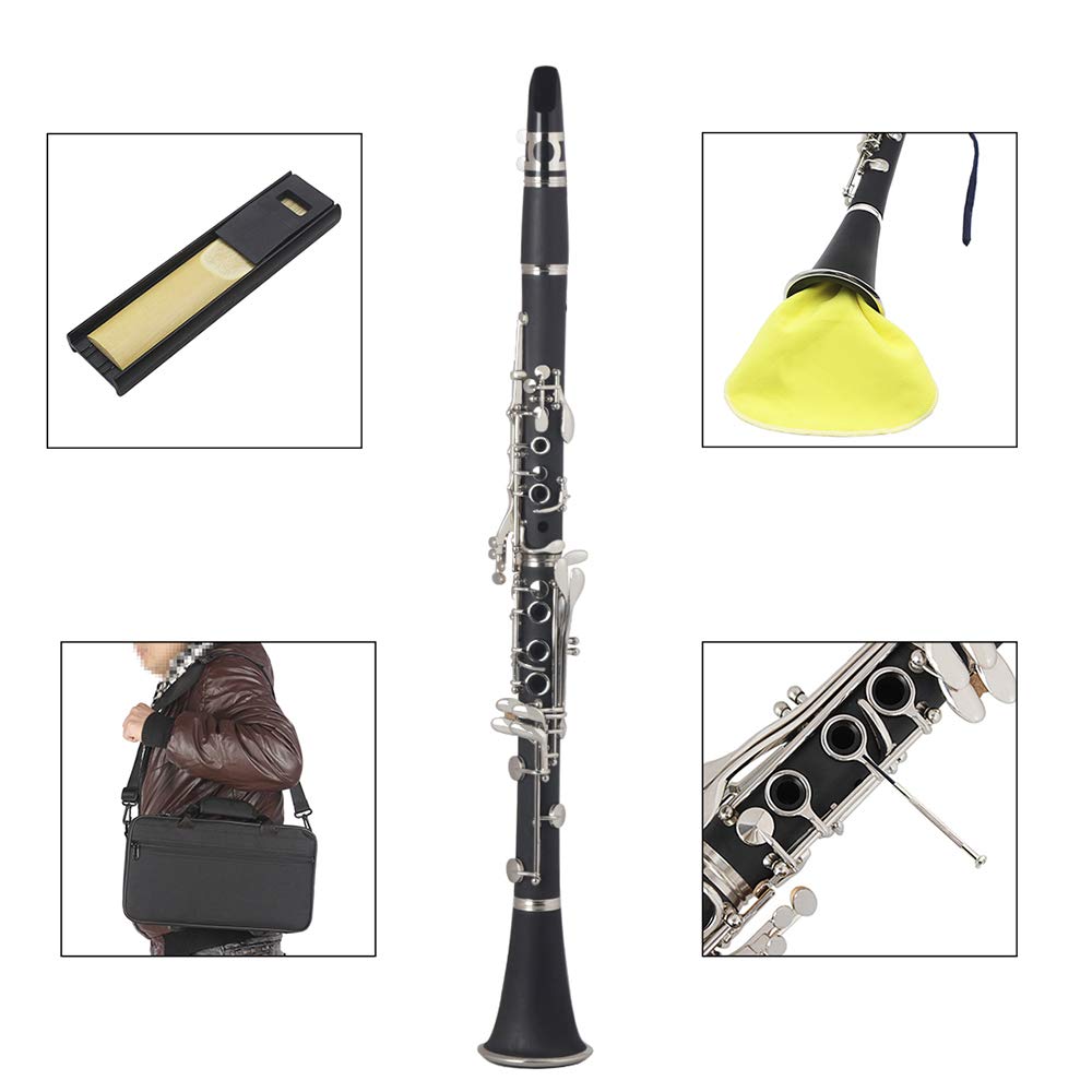 Fyearfly Bb Flat Clarinete Baquelita Llaves de Plata Instrumento de Viento de Madera con funda, lengüeta, paño de limpieza, mini destornillador, calidad asequible para los entusiastas de la música