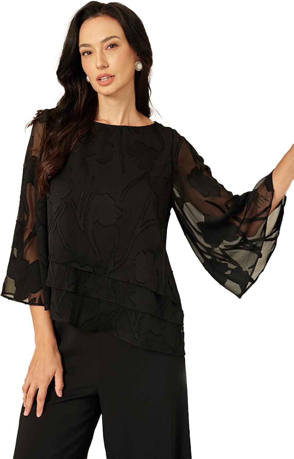 Lace Blouses for Women Dressy Casual Flutter 3/4 Length Sleeve Chiffon Top Round Neck Floral Elegant Business Work Shirt